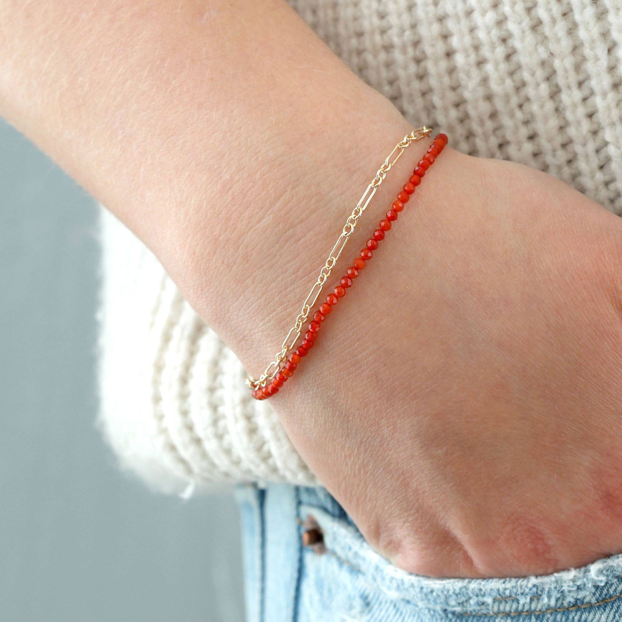 Petite Gemstone Beaded Bracelet Carnelian Red Green Malachite Blue Lapis Black Onyx Ships from CA