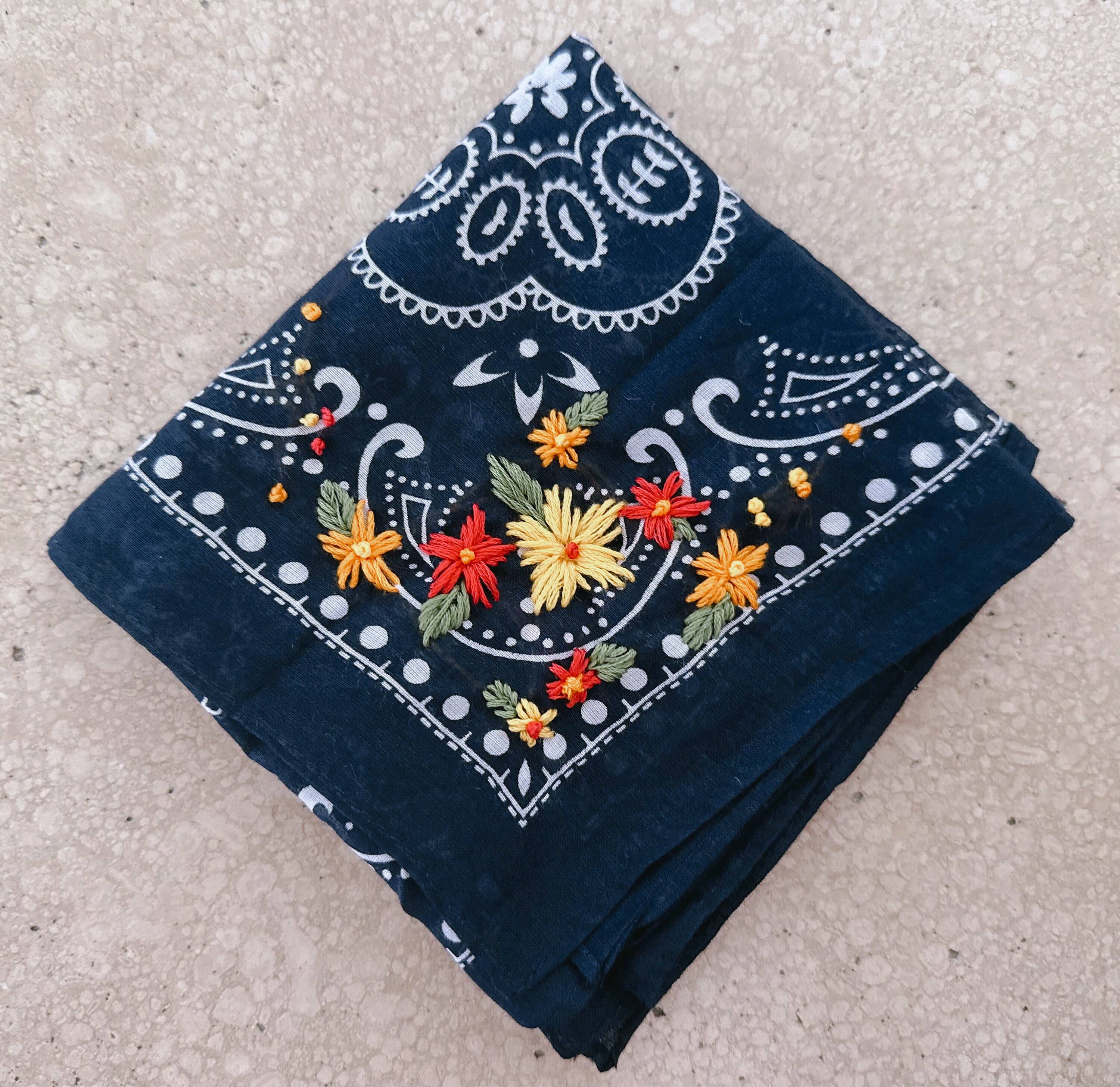 Embroidered Navy Bandana With Bright Flowers