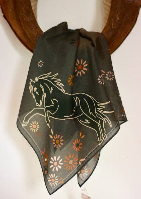 Floral Daisy Charcoal Bucking Horse Silk Wildrag Scarf
