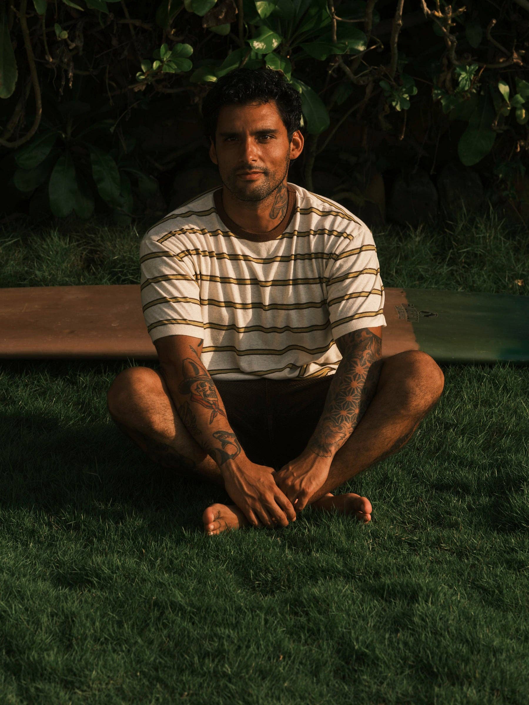 Mollusk- Hemp Tee in Brown and Gold Stripe