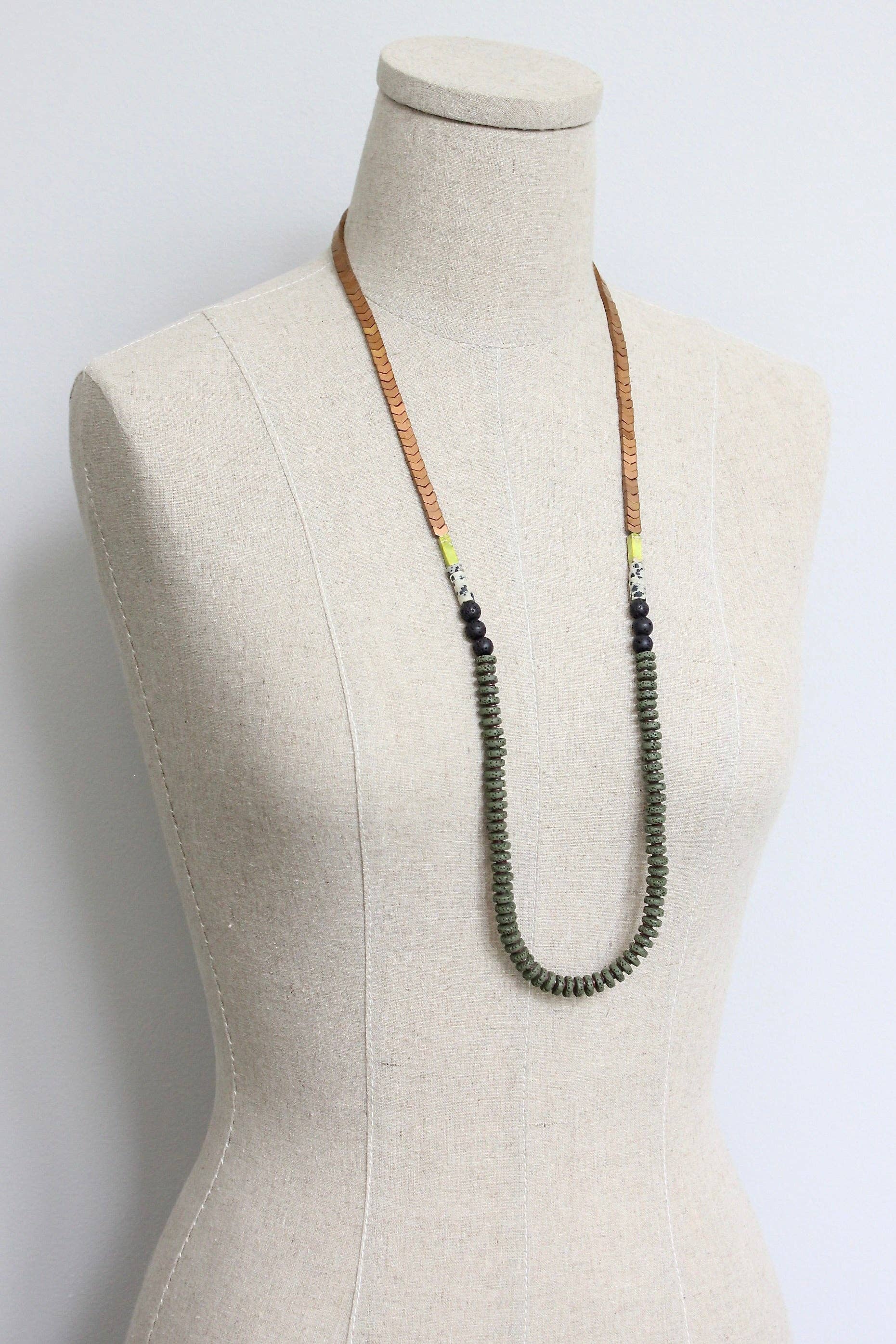 Moss Lava Bead Long Necklace