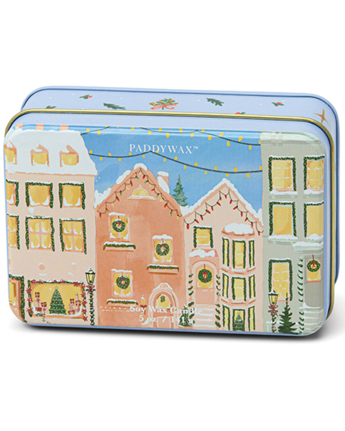 Paddywax- Christmas Tins 5 OZ.  Printed Tin With Christmas Village Scene