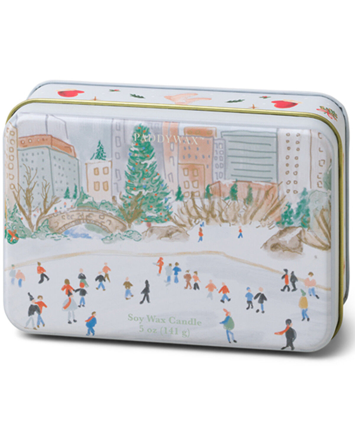Paddywax- Christmas Tins 5 OZ. Printed Tin With Ice Skating Scene Mistletoe & Mint