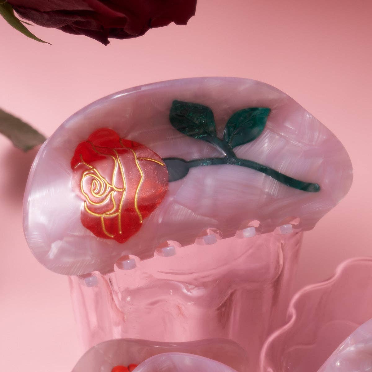 Belle Pink Single Red Rose Acetate Hair Claw