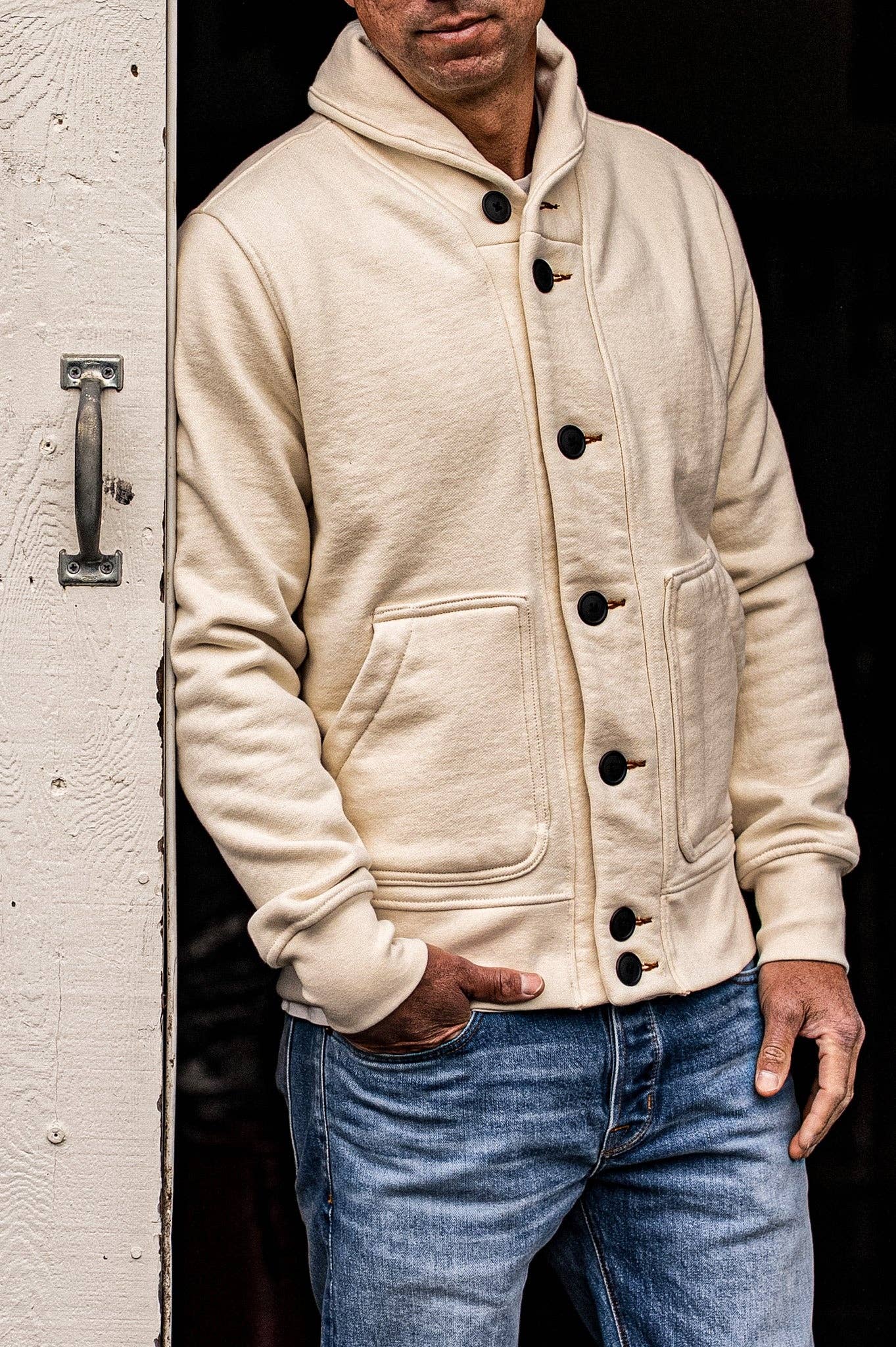 Men's Bodega Shawl Cardigan | 14oz 100% Cotton French Terry - Natural