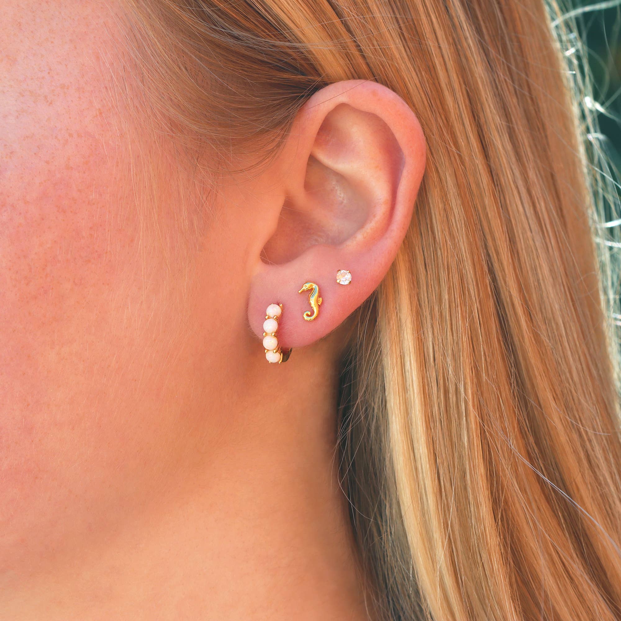 Opal Huggie Hoop Earrings 18K Gold Vermeil 13mm Hoops 3mm Stones Hinge Closure Nickel Free Hypoallergenic Ships from CA