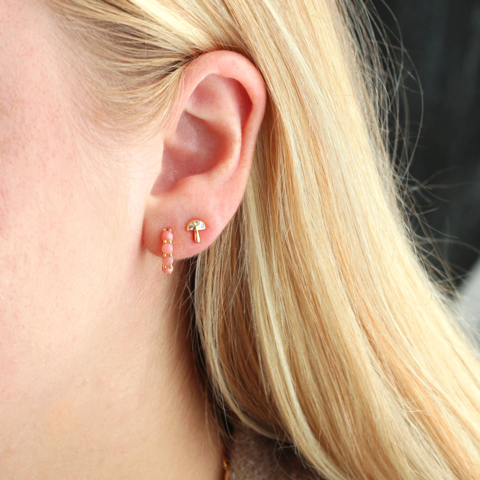 Pink Opal Huggie Hoop Earrings 18K Gold Vermeil 13mm Hoops 3mm Stones Hinge Closure Nickel Free Hypoallergenic Ships from CA