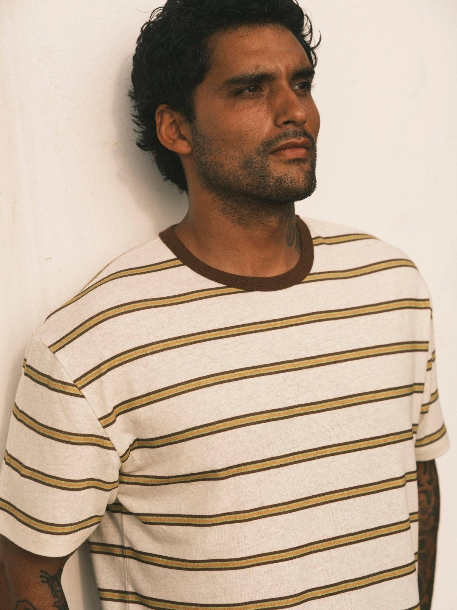 Mollusk- Hemp Tee in Brown and Gold Stripe
