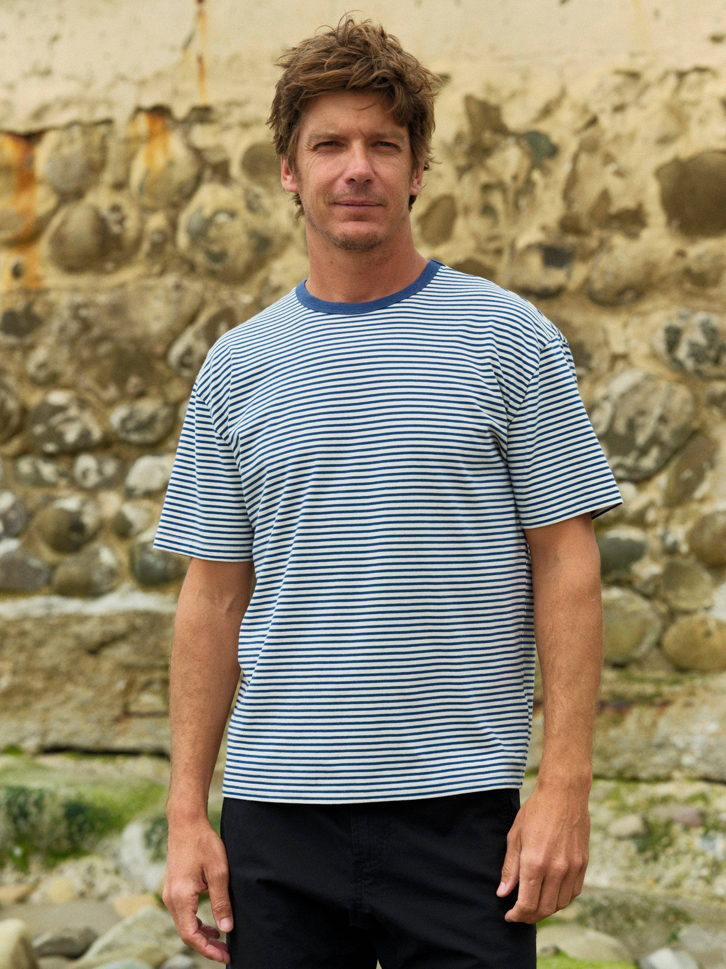 Mollusk- Striped Heavy Tee in Natural/ Indigo