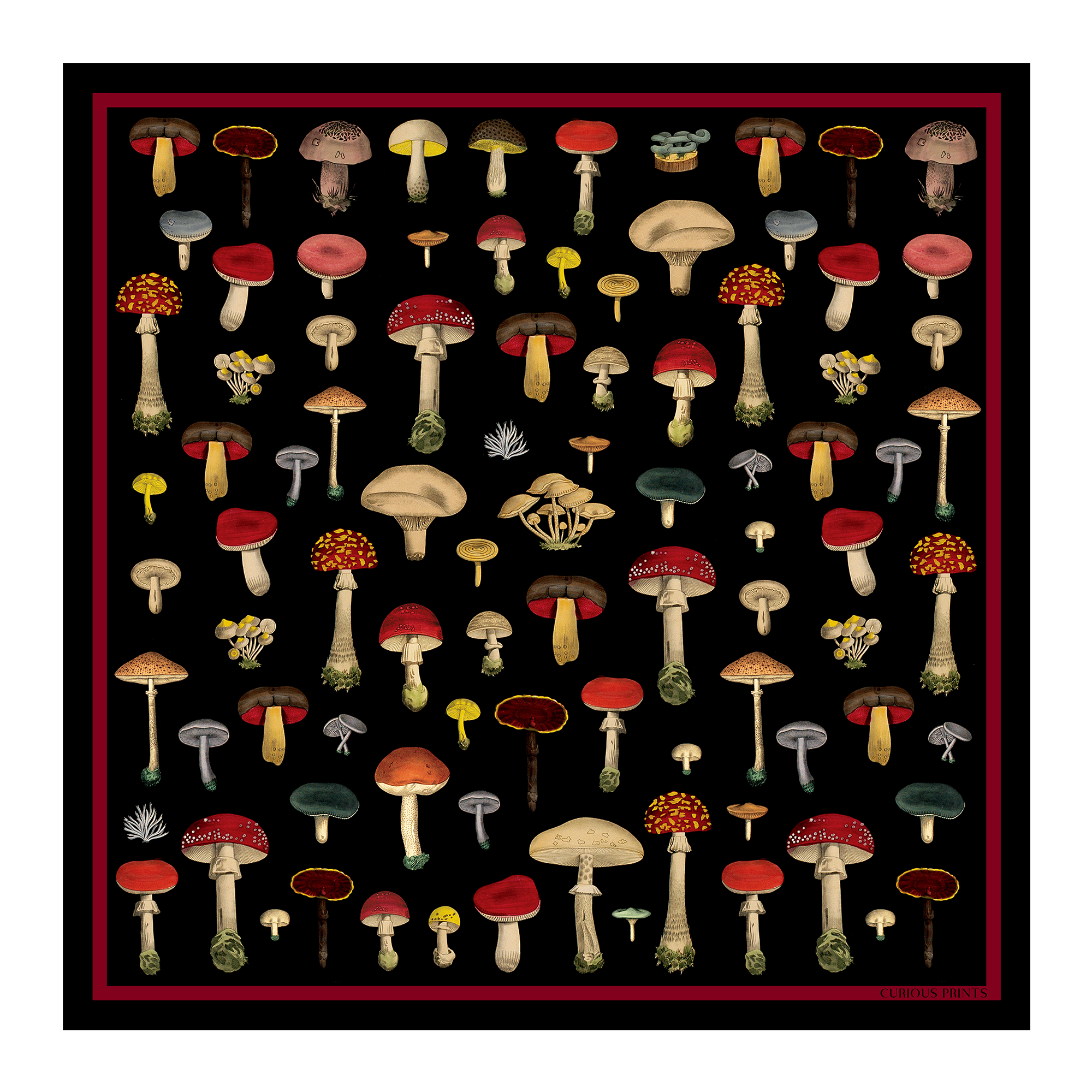 100% Silk Scarf Vintage Black Mushroom Bandana 17x17