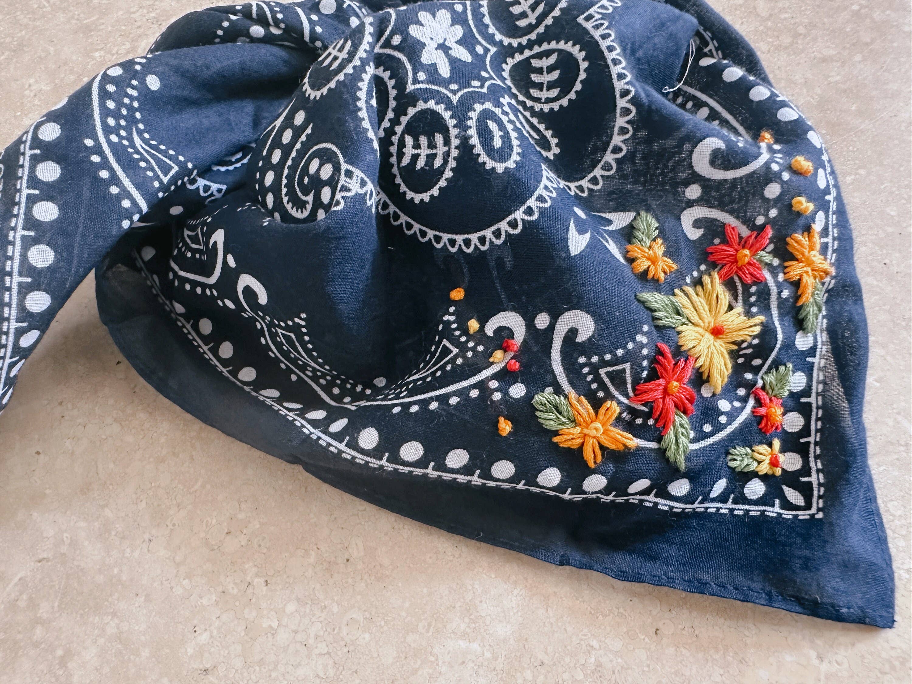 Embroidered Navy Bandana With Bright Flowers