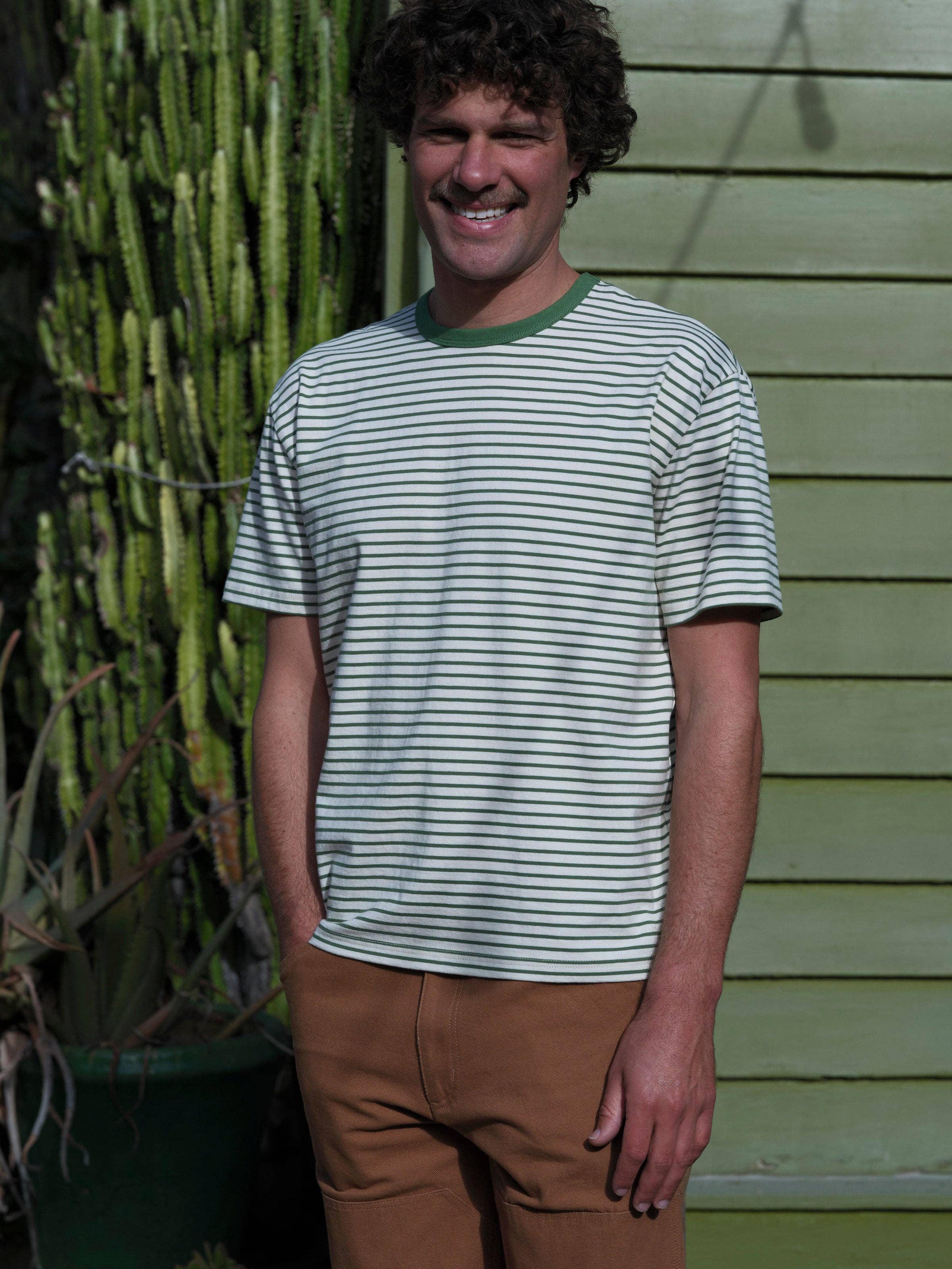 Mollusk- Striped Heavy Tee in Natural and Green