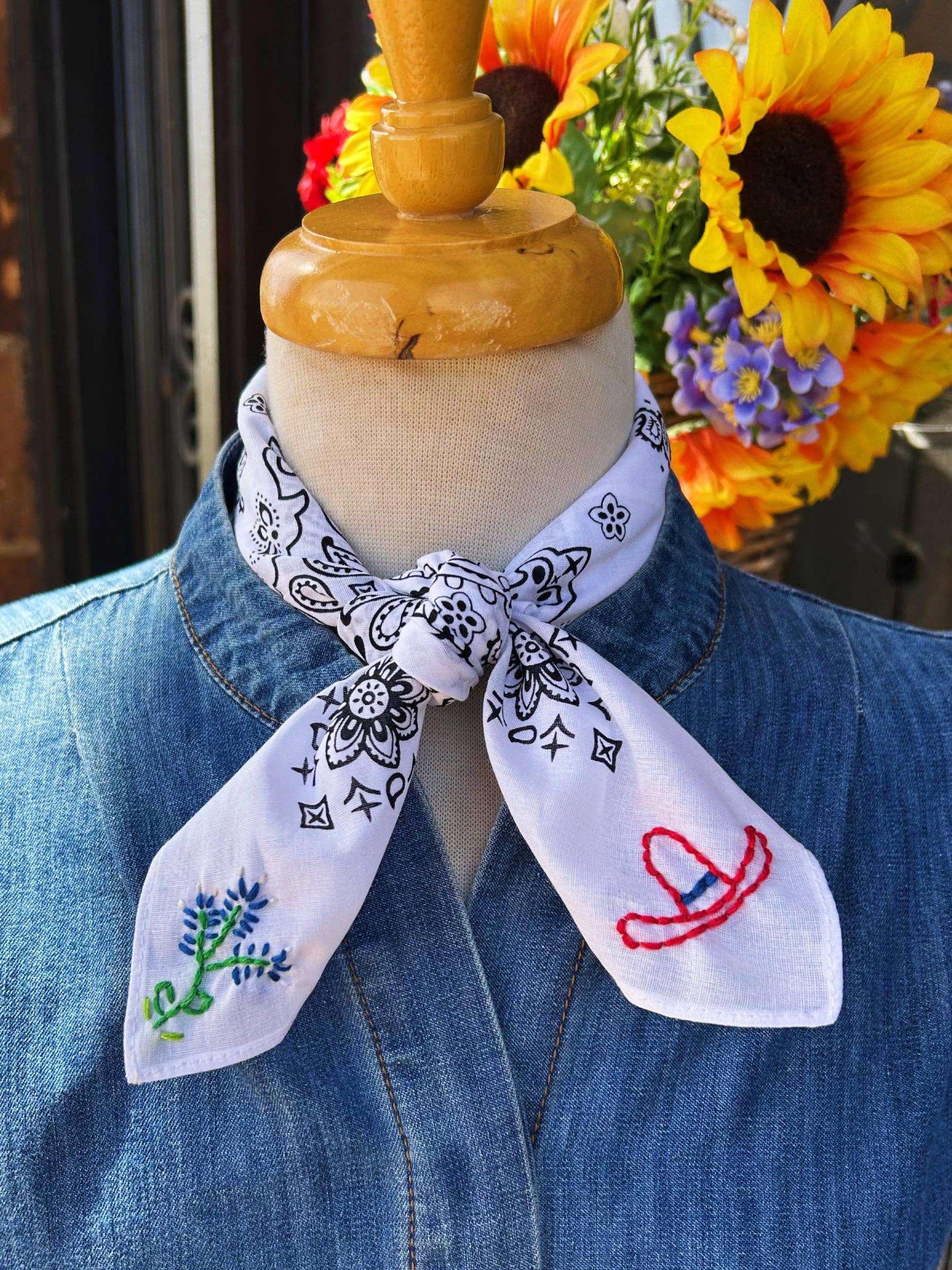 Embroidered Big Hat and Bluebonnets Bandana