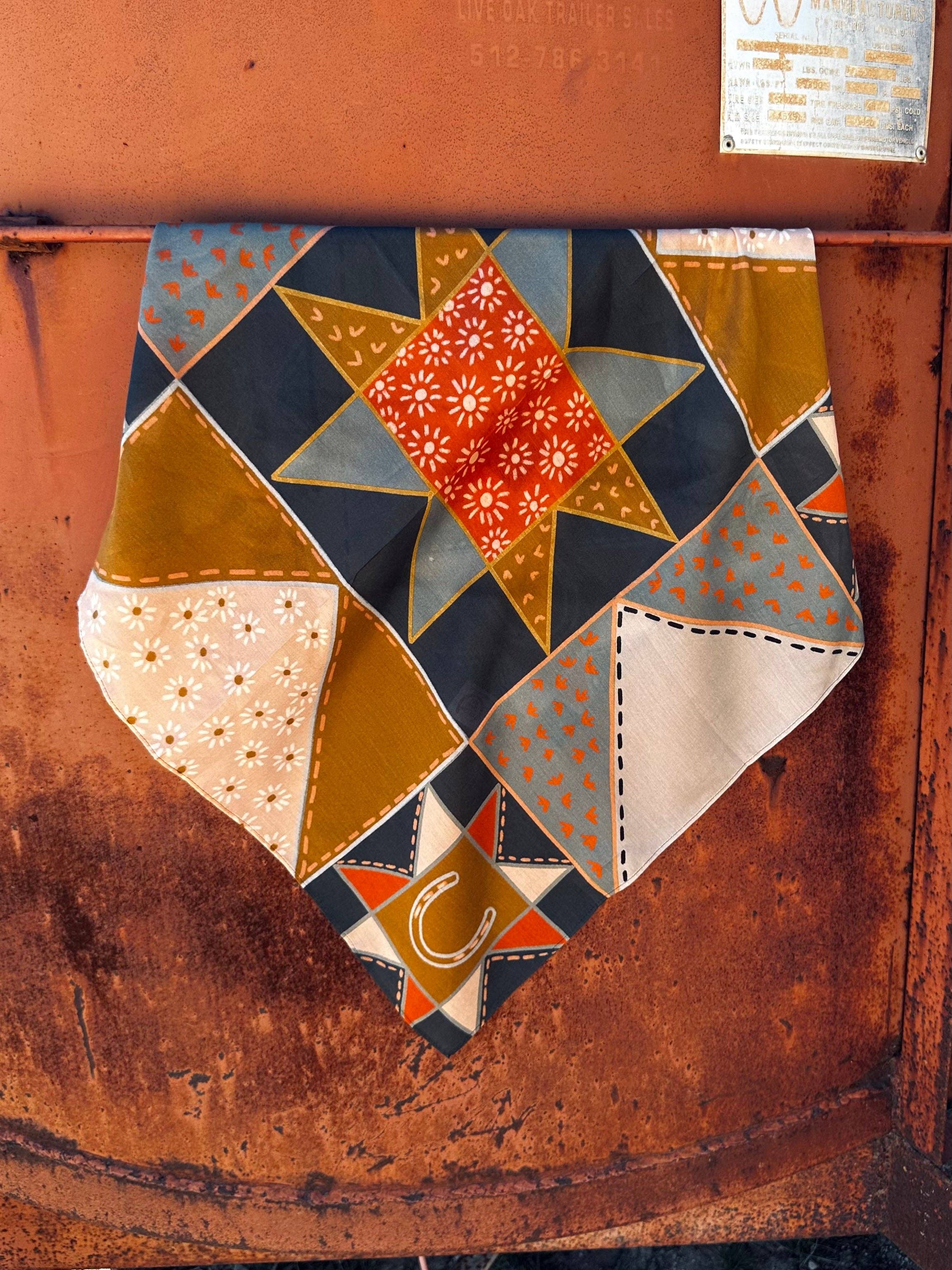 Frontier Bound Patchwork in Rust Western Silk Wild Rag Scarf