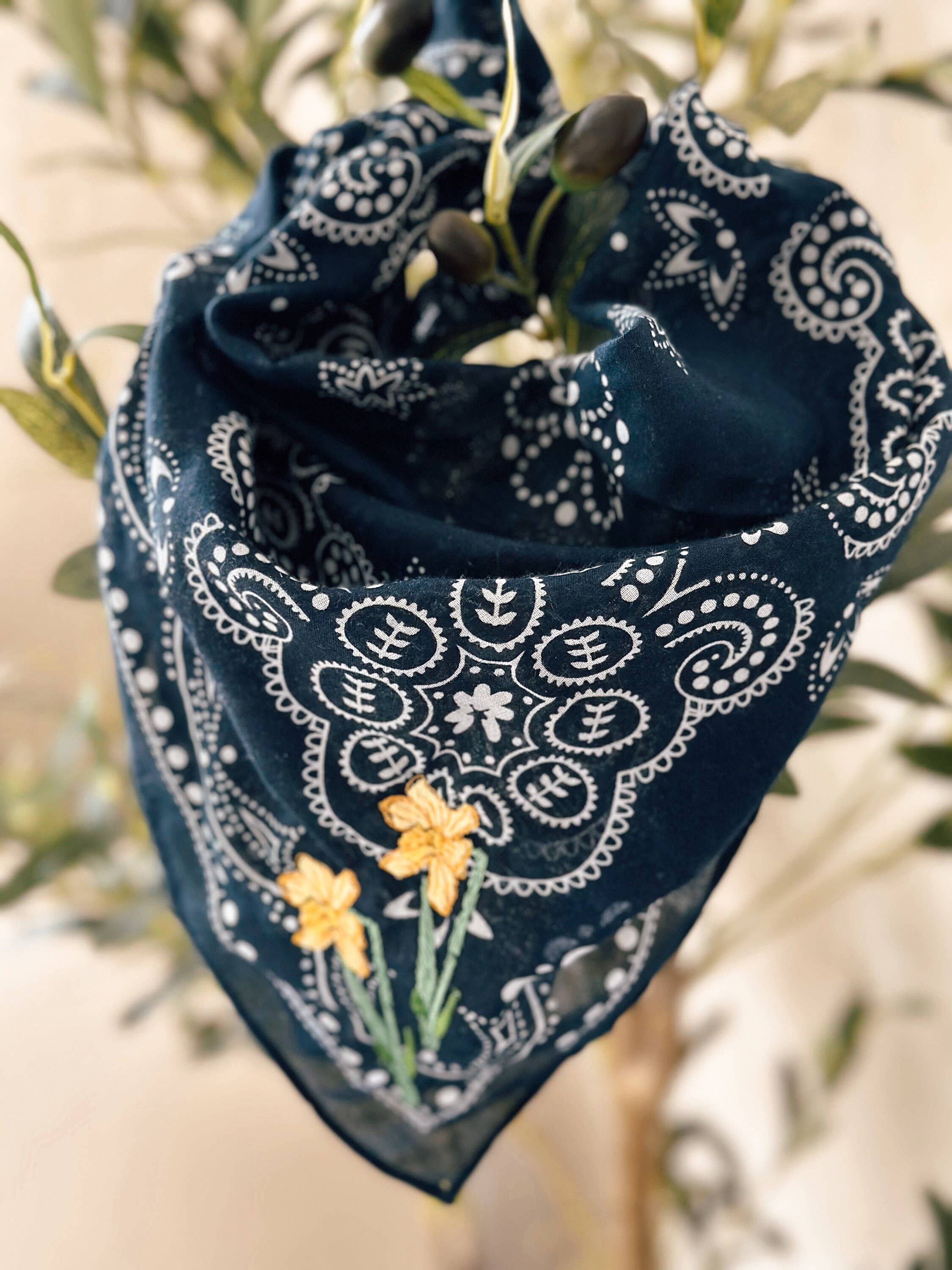 Birthday Flower (March = Daffodil) Embroidered On Bandana