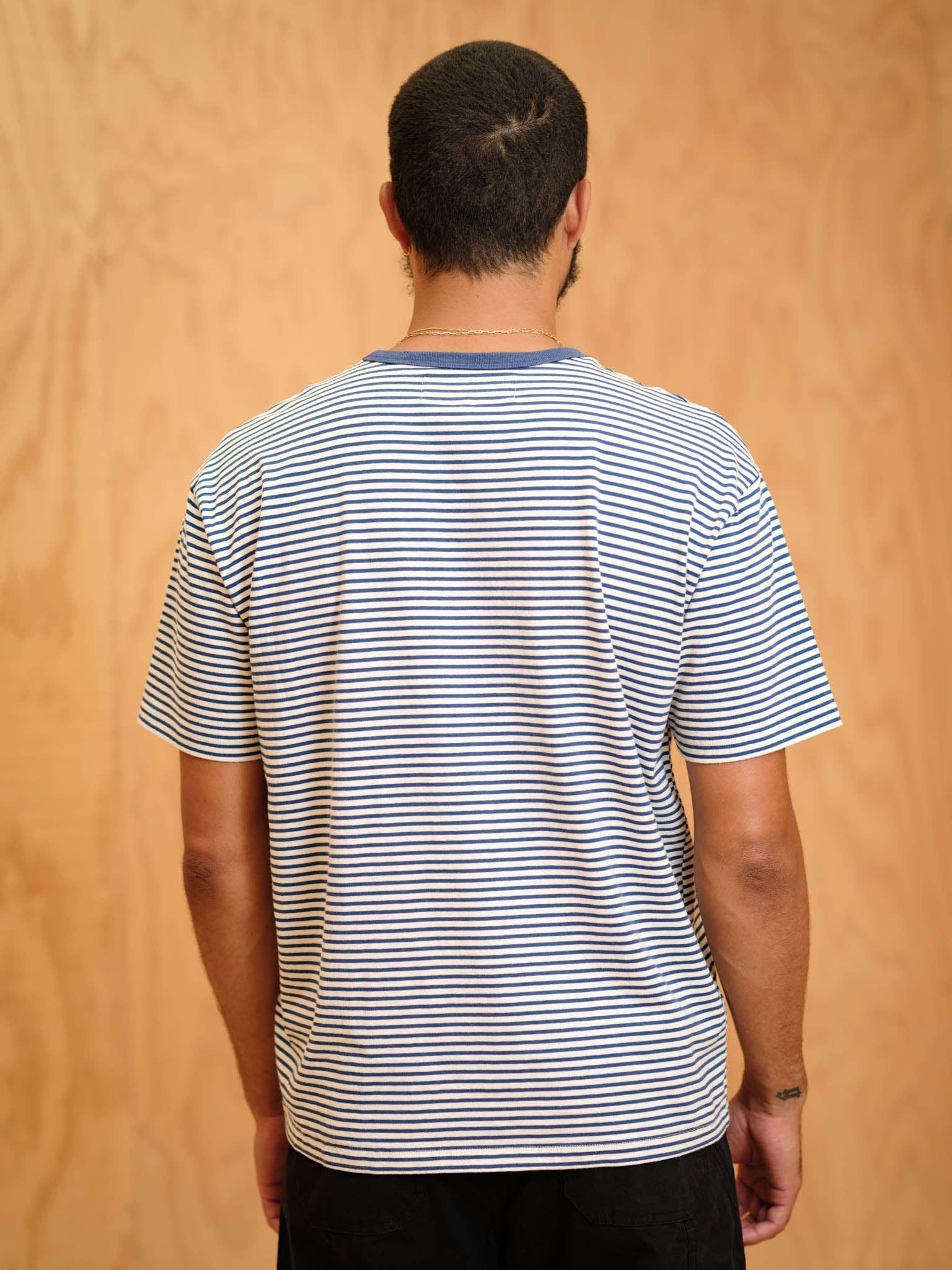Mollusk- Striped Heavy Tee in Natural/ Indigo