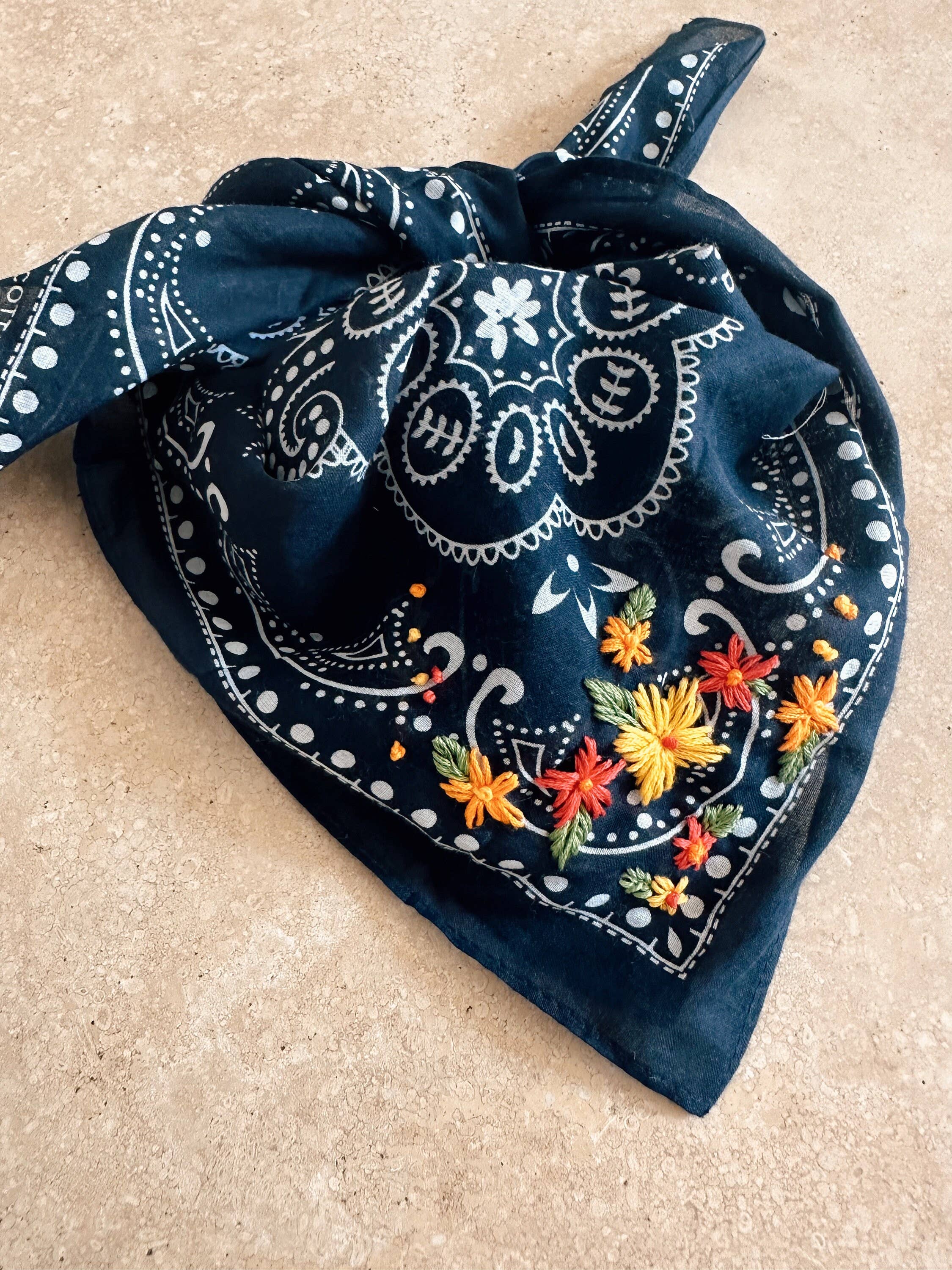Embroidered Navy Bandana With Bright Flowers