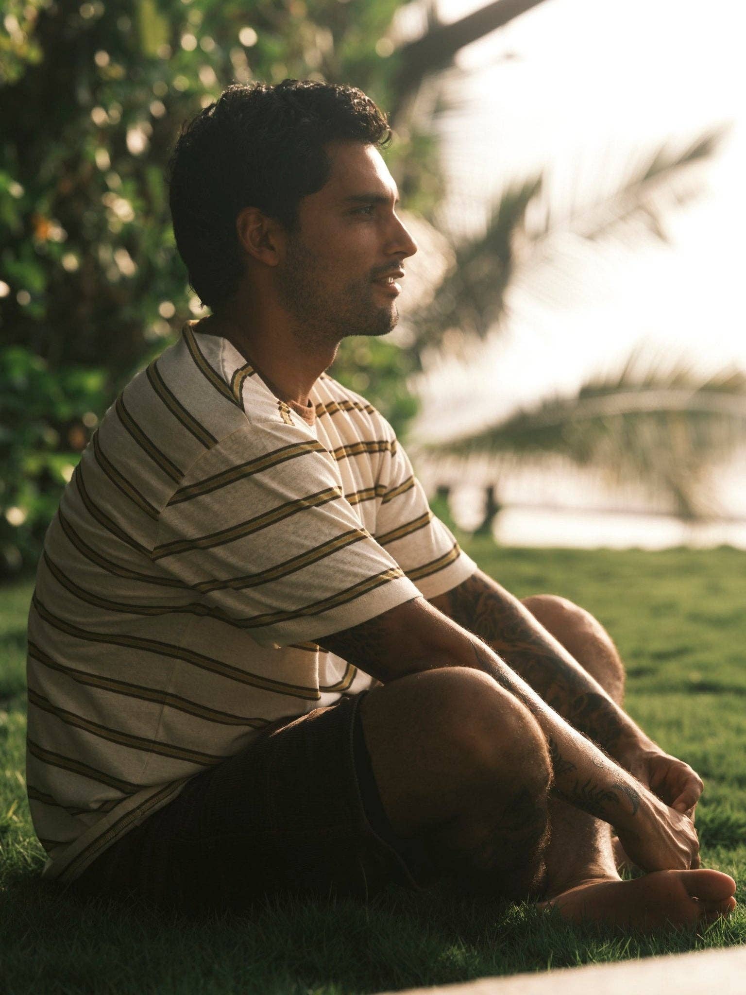 Mollusk- Hemp Tee in Brown and Gold Stripe