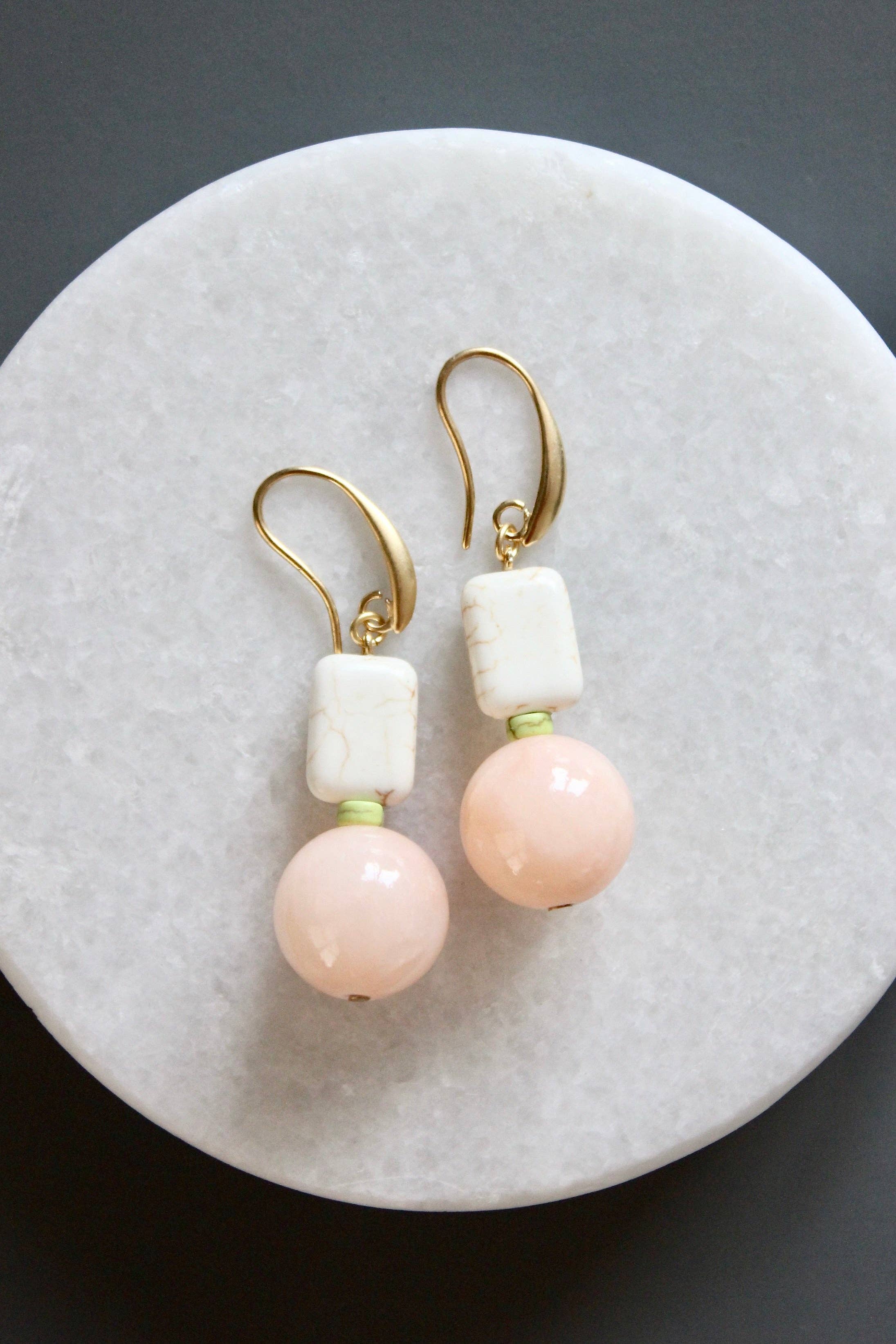 Pink Jade and White Earrings
