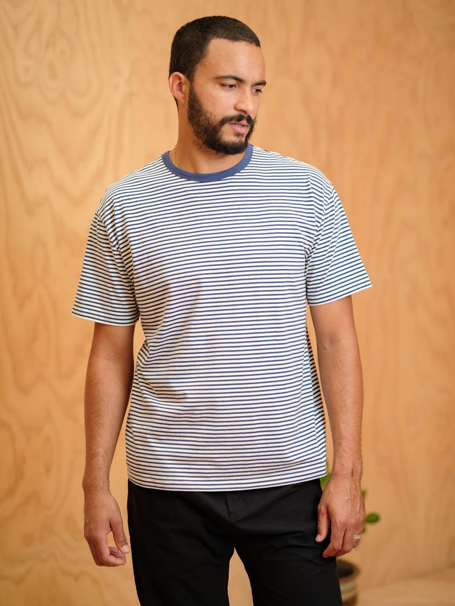 Mollusk- Striped Heavy Tee in Natural/ Indigo