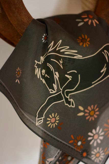 Floral Daisy Charcoal Bucking Horse Silk Wildrag Scarf