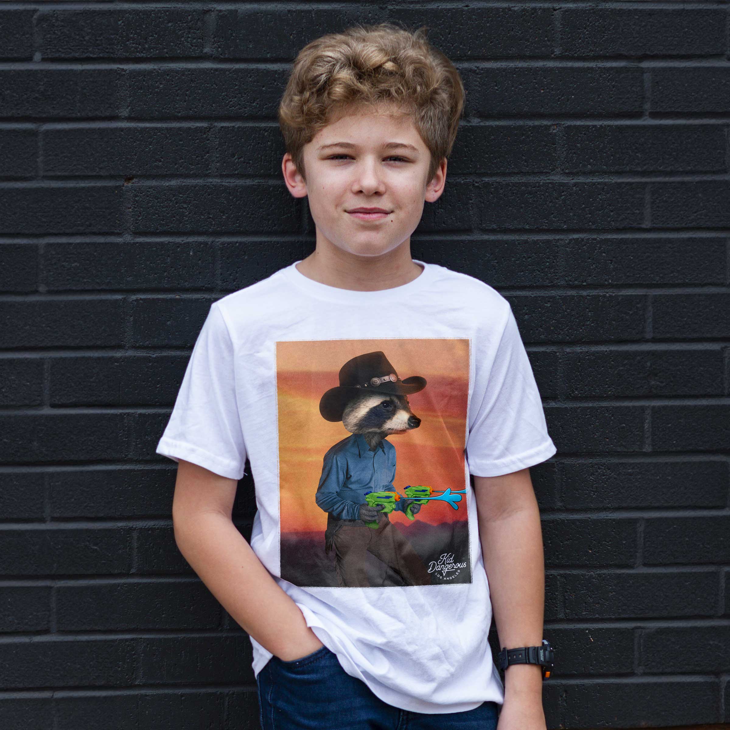 Kids Raccoon Cowboy Western T-Shirt White Graphic Tee