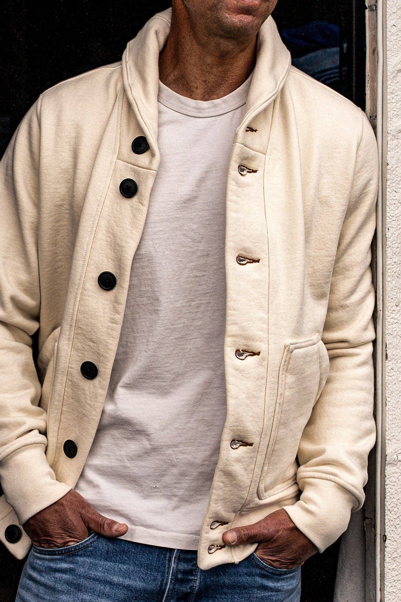 Men's Bodega Shawl Cardigan | 14oz 100% Cotton French Terry - Natural