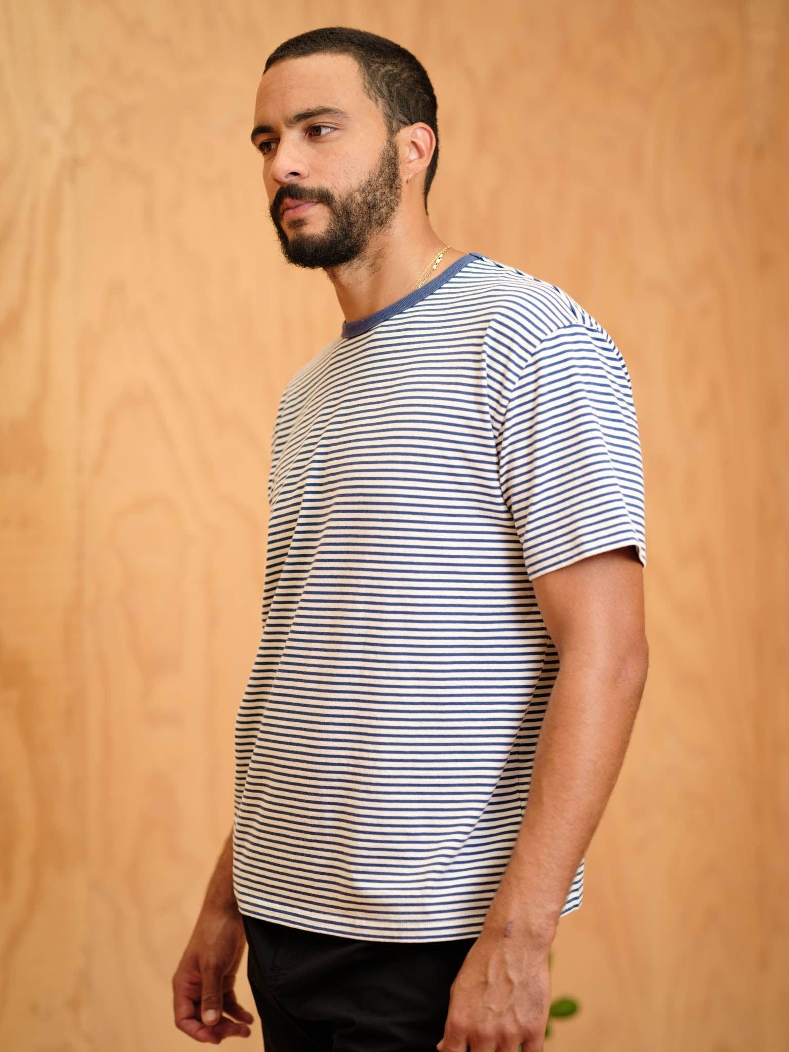 Mollusk- Striped Heavy Tee in Natural/ Indigo