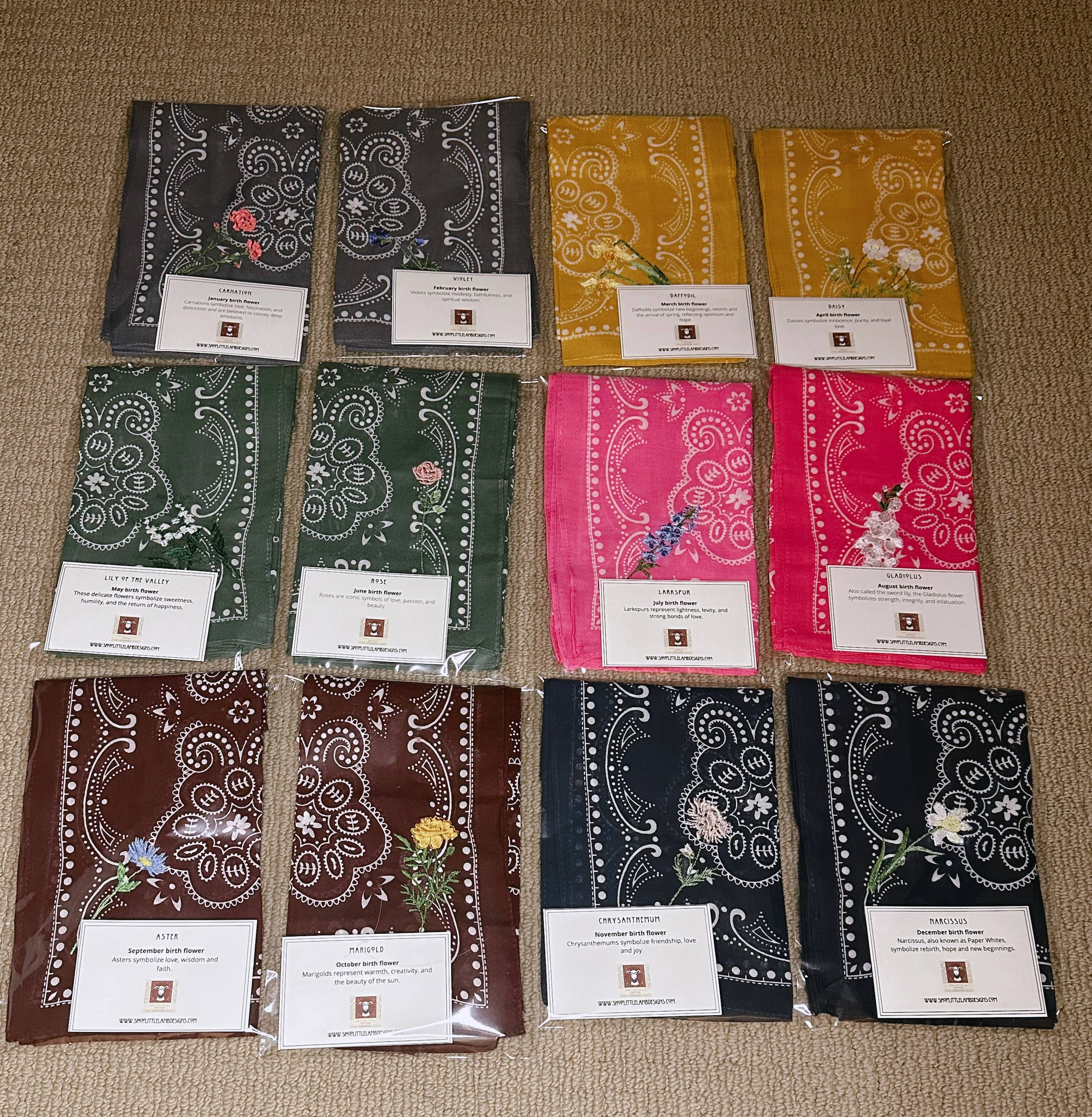 Birthday Flower (March = Daffodil) Embroidered On Bandana