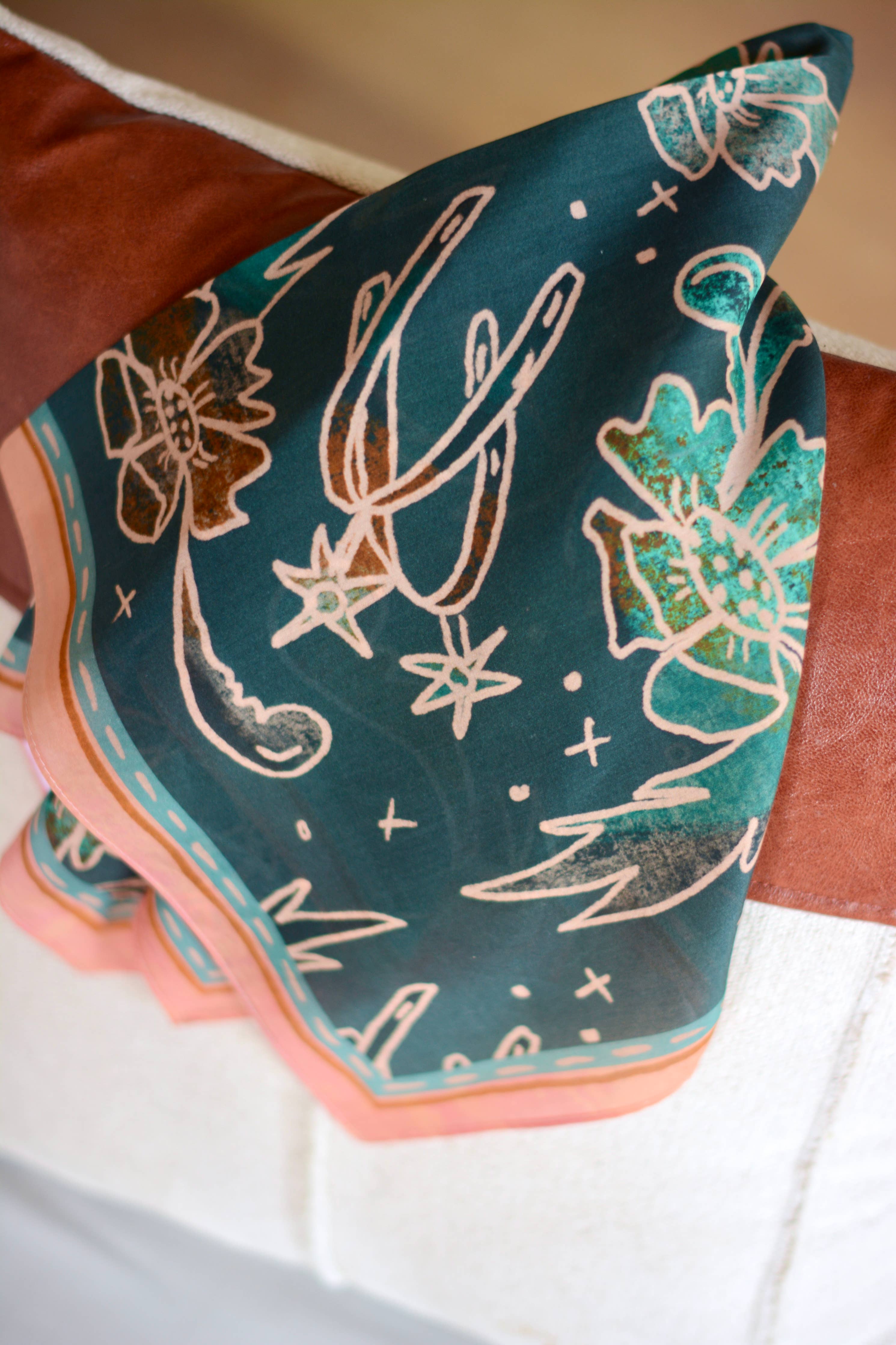 Western Silk Wild Rag Spurs and Floral Turquoise Scarf