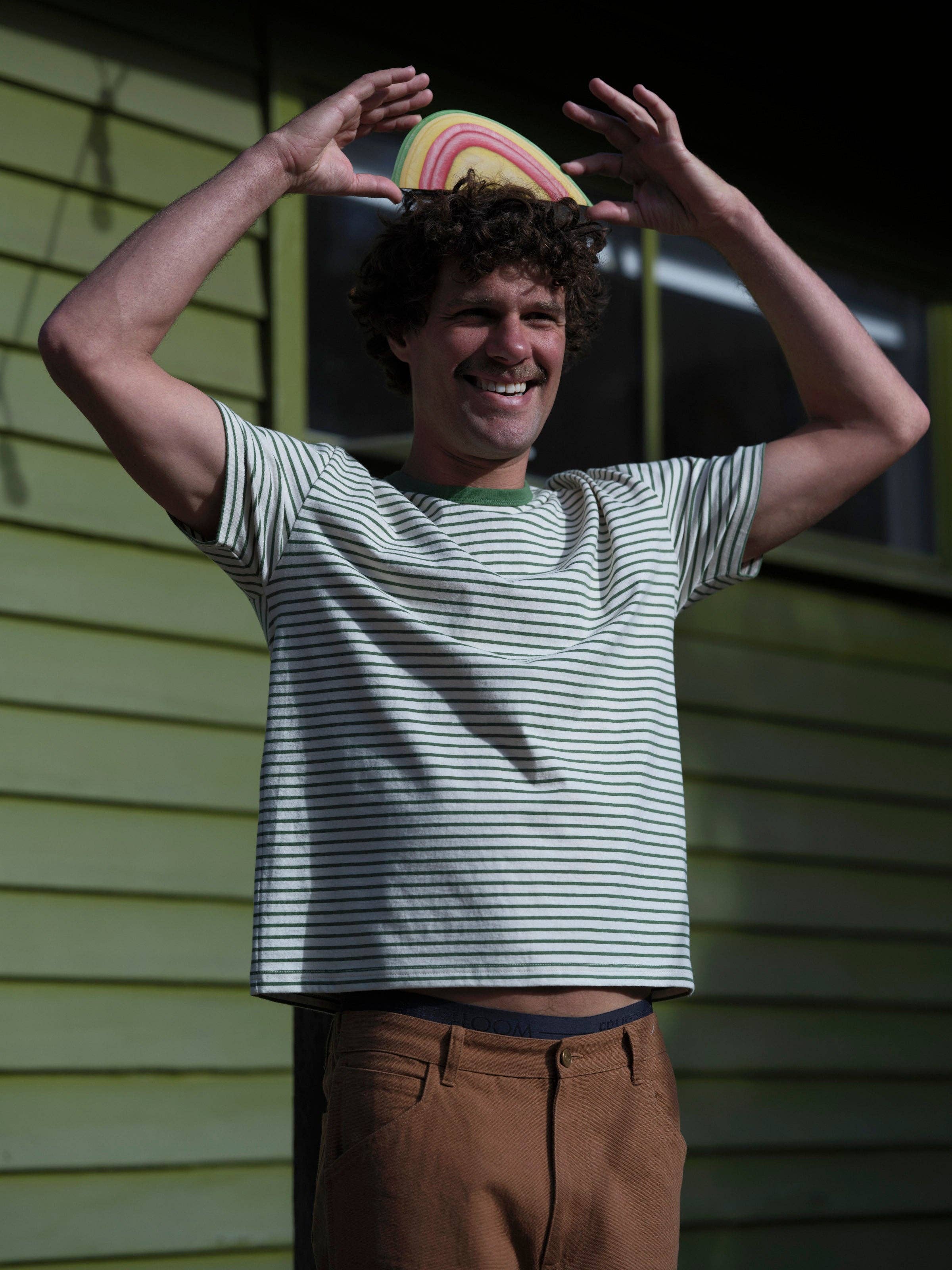 Mollusk- Striped Heavy Tee in Natural and Green