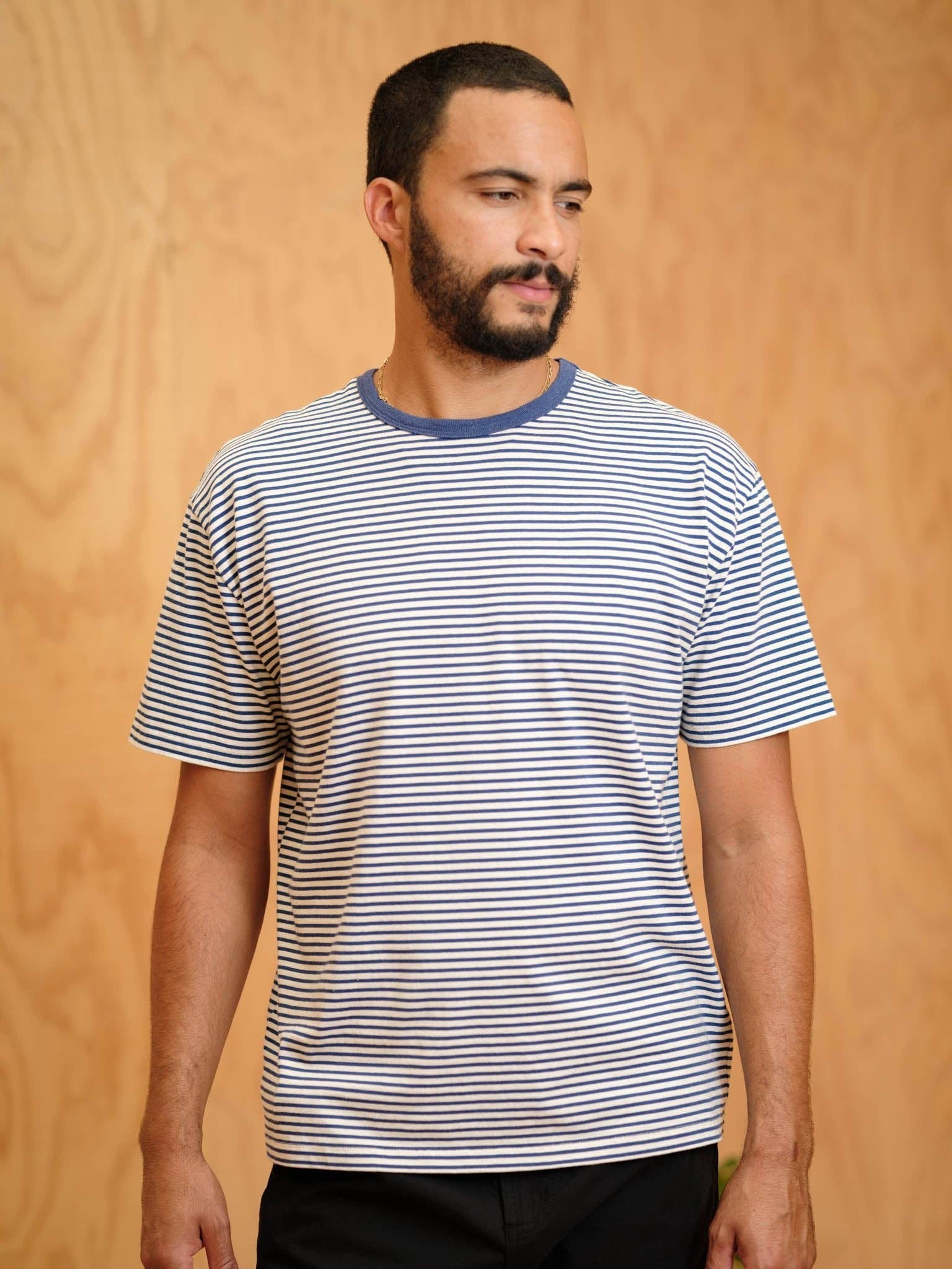 Mollusk- Striped Heavy Tee in Natural/ Indigo