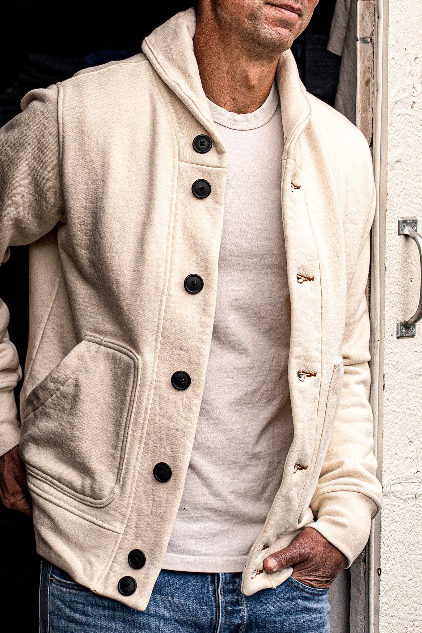 Men's Bodega Shawl Cardigan | 14oz 100% Cotton French Terry - Natural