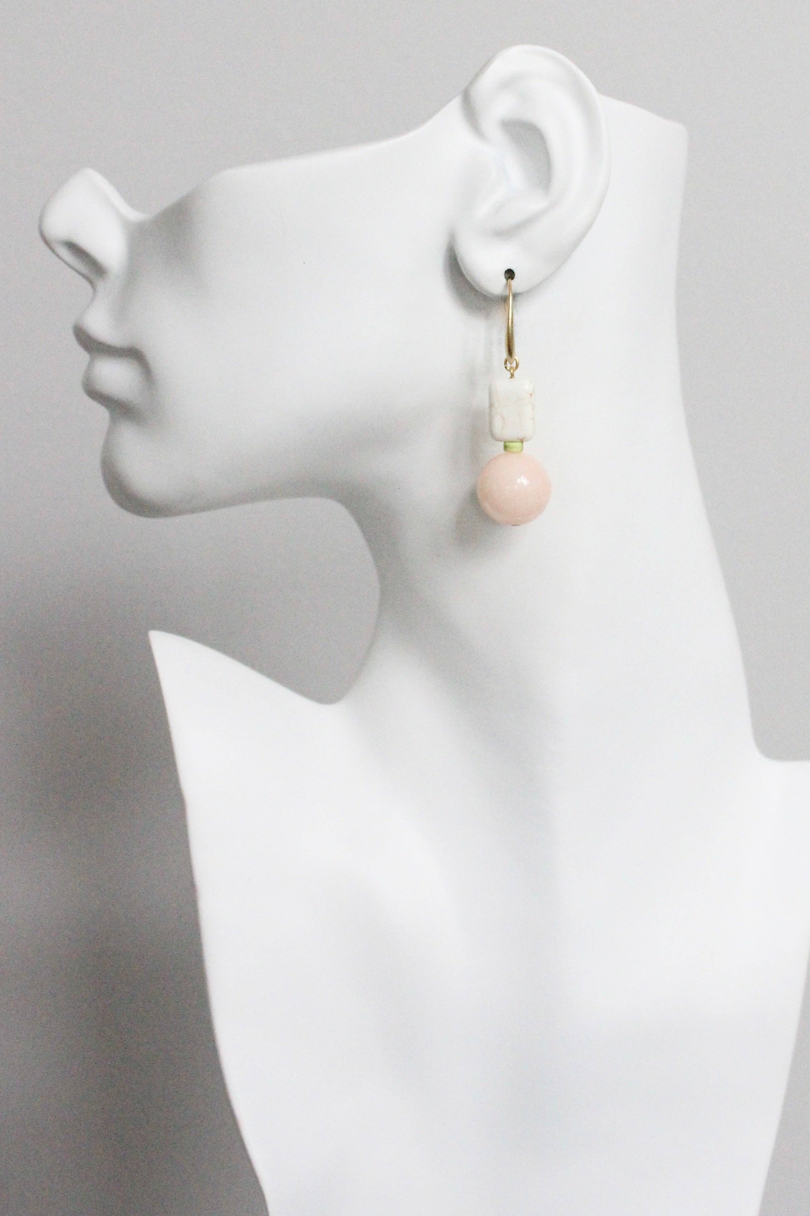 Pink Jade and White Earrings