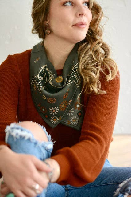 Floral Daisy Charcoal Bucking Horse Silk Wildrag Scarf
