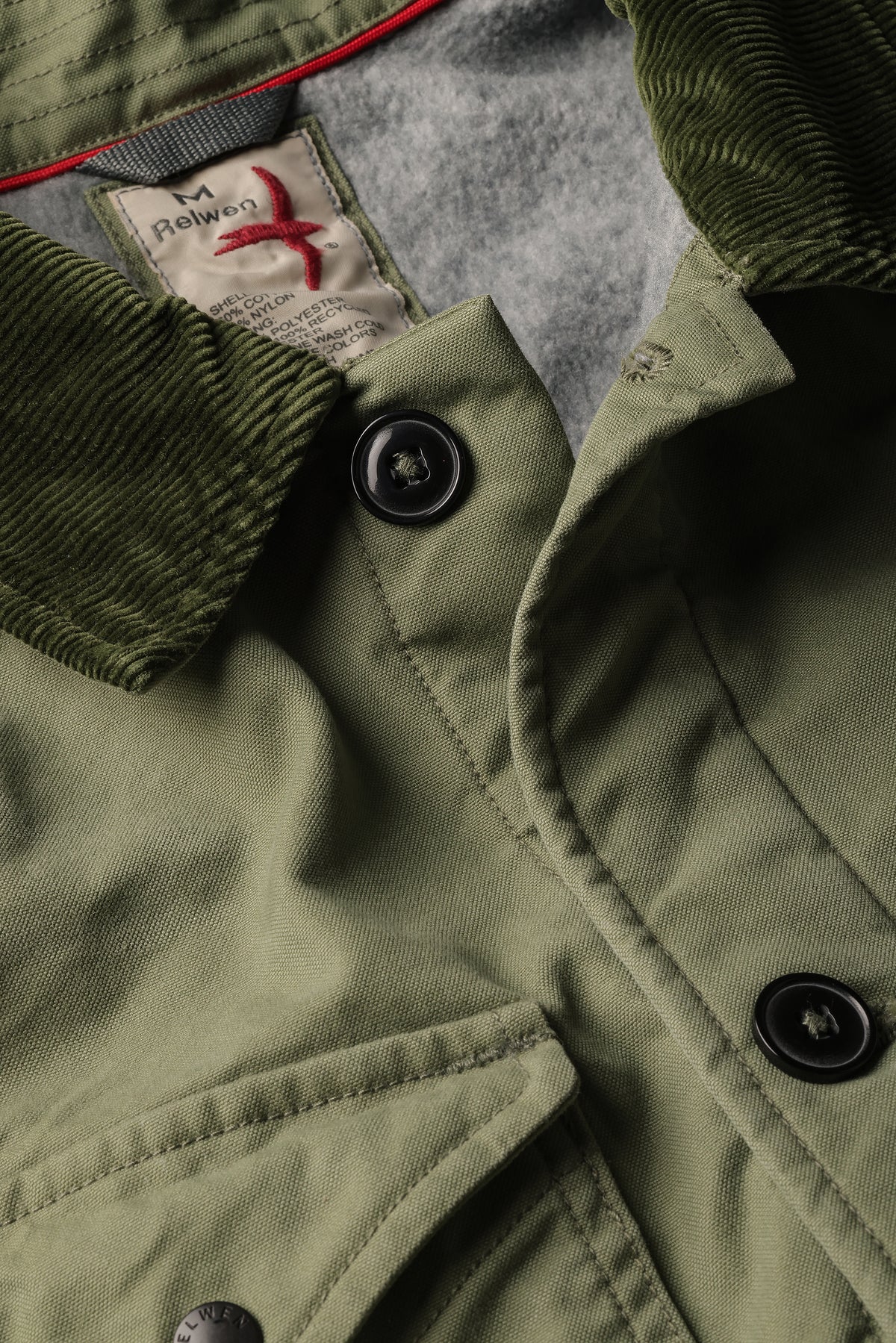 Relwen Pile-Lined Chore Coat in Palm Green — detail view