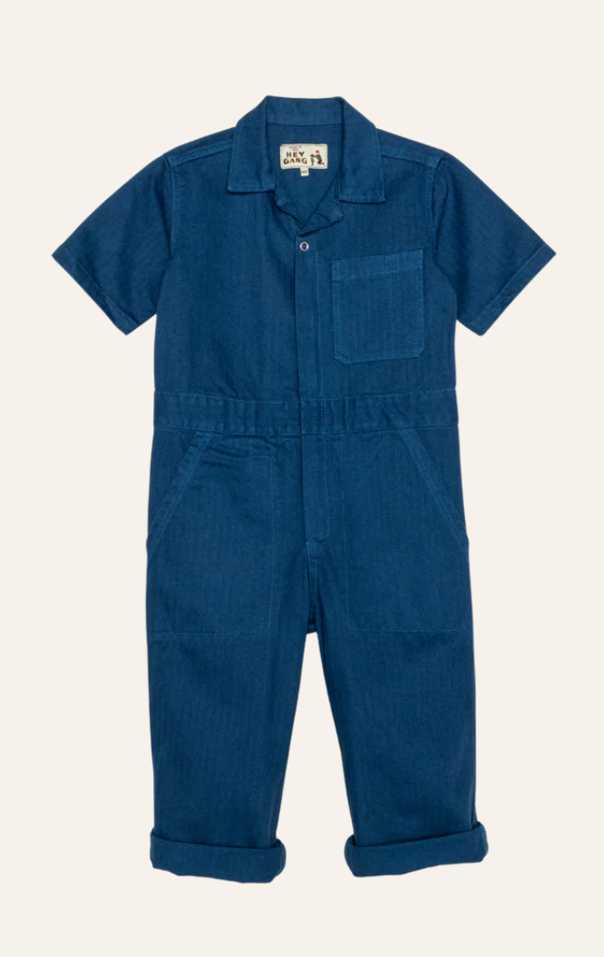 Hey Gang- The Kids Coverall French Blue Herringbone