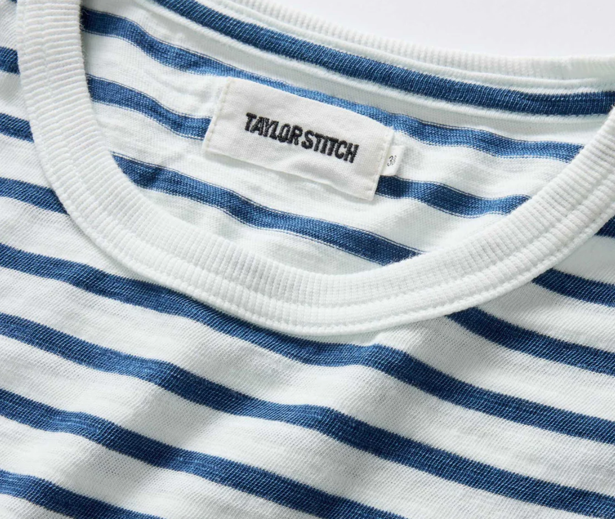 Taylor Stitch- The Organic Cotton Long Sleeve Tee in Indigo Stripe