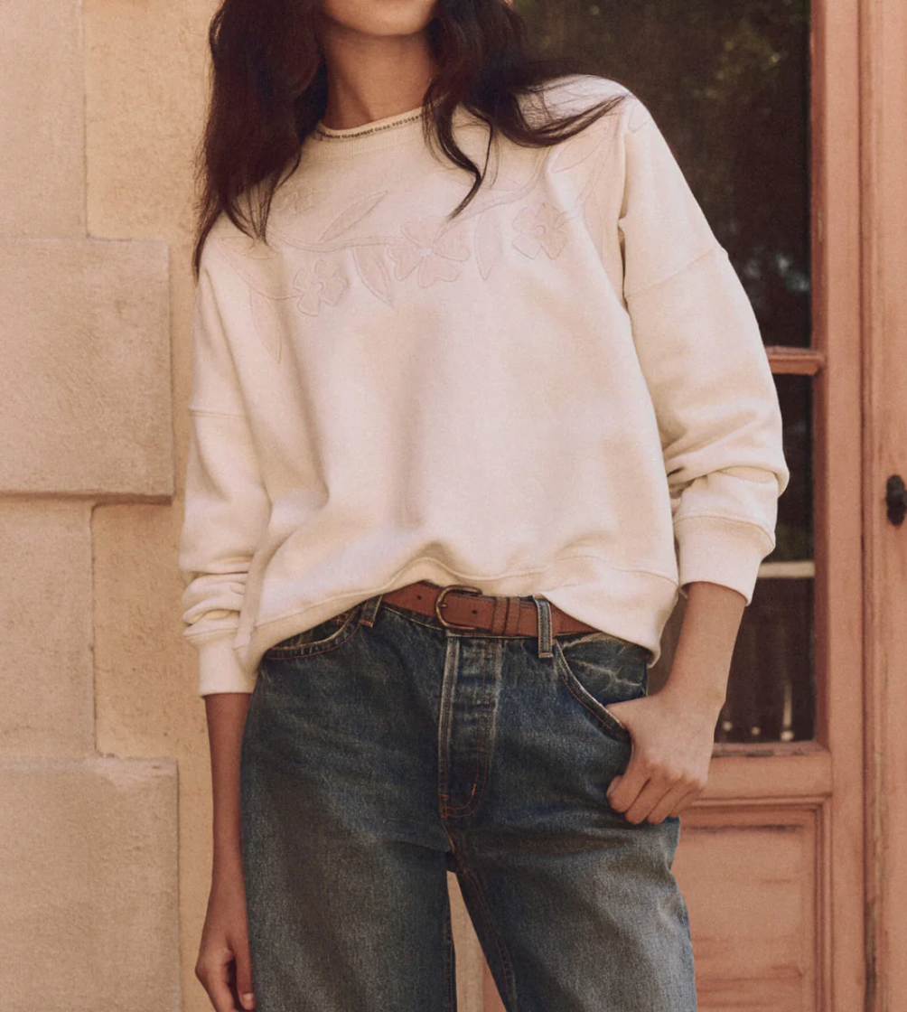 The Great. The Floral Applique Teammate Sweatshirt- Washed White