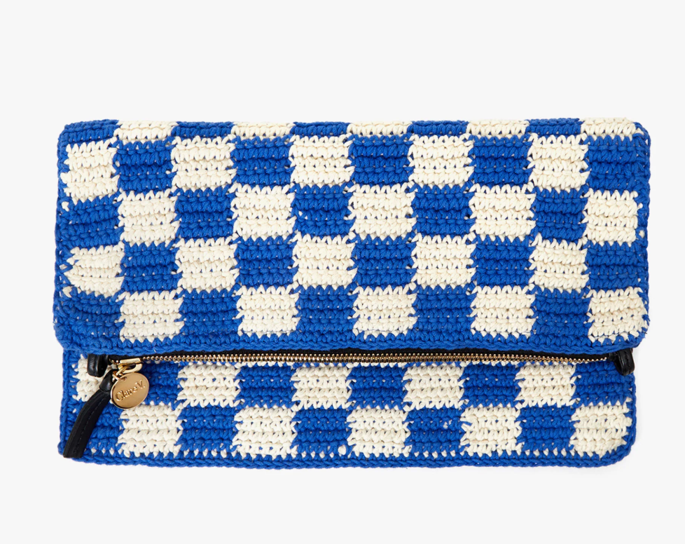 Clare V. - Foldover Clutch with Tabs- Crochet- Blue Checkered