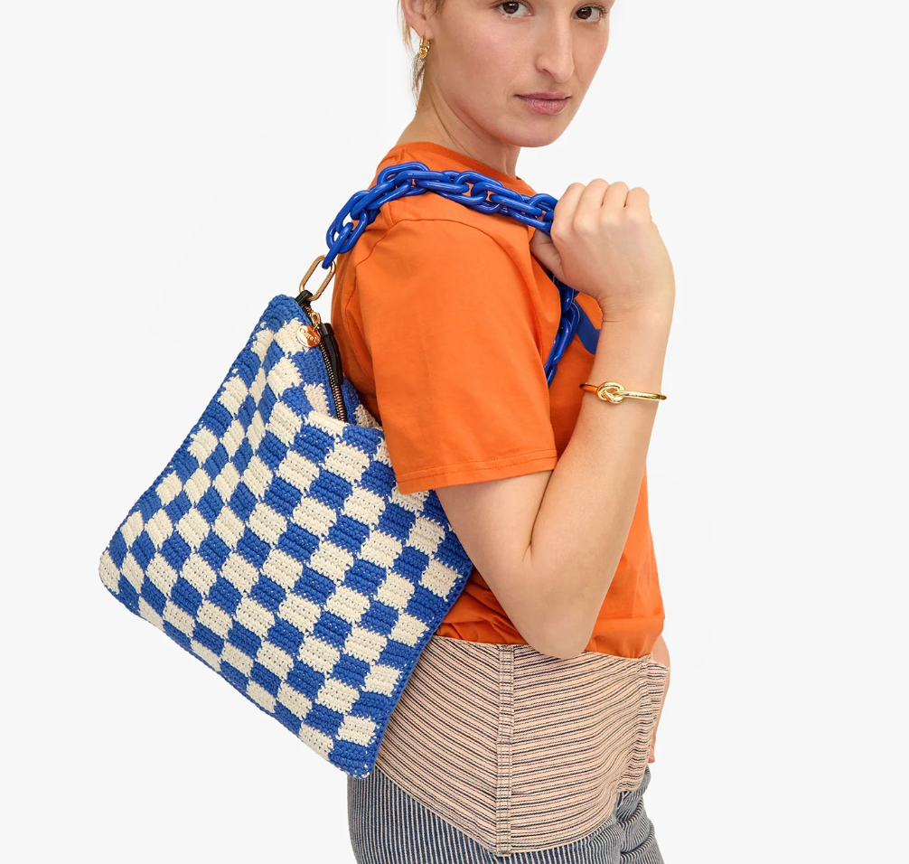 Clare V. - Foldover Clutch with Tabs- Crochet- Blue Checkered