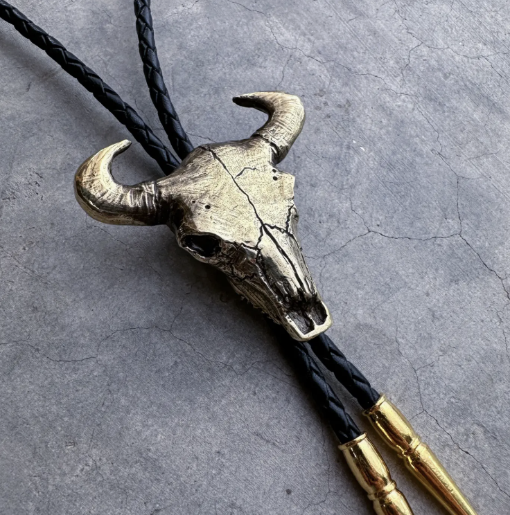 HELIOTROPE- Bull Skull Bolo- Tan/ Brass 36"