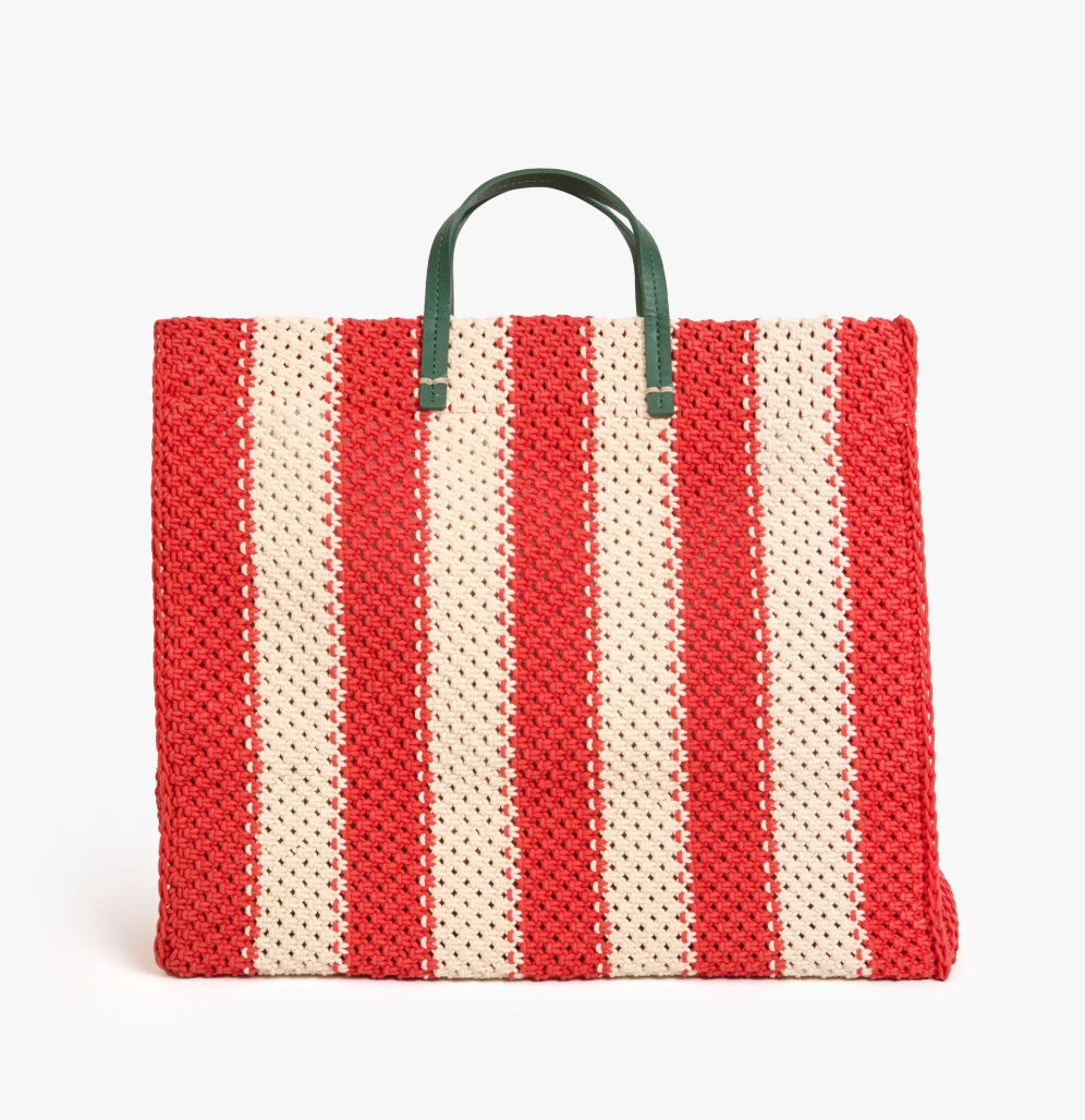 Clare V. Summer Simple Tote Cream/Bright Poppy Crochet Stripe