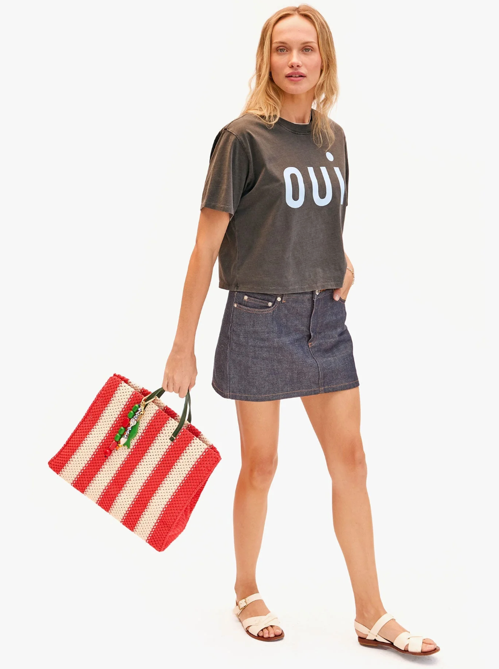 Clare V. Summer Simple Tote Cream/Bright Poppy Crochet Stripe