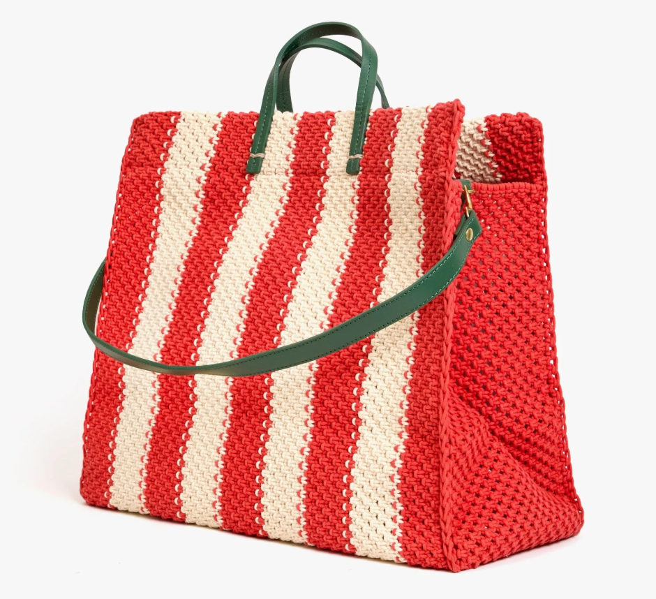 Clare V. Summer Simple Tote Cream/Bright Poppy Crochet Stripe
