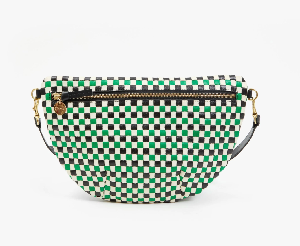 Clare V. Grande Fanny Green Apple Multi Woven Checker