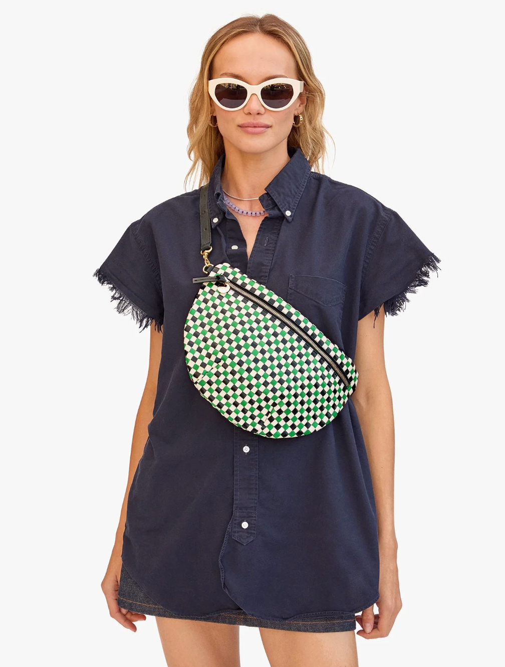 Clare V. Grande Fanny Green Apple Multi Woven Checker
