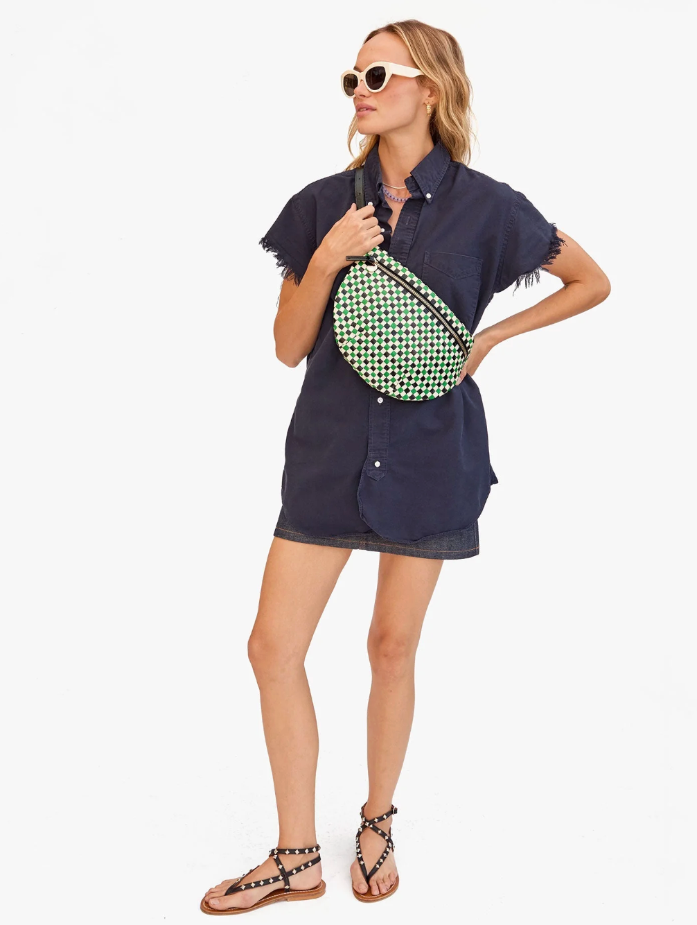 Clare V. Grande Fanny Green Apple Multi Woven Checker