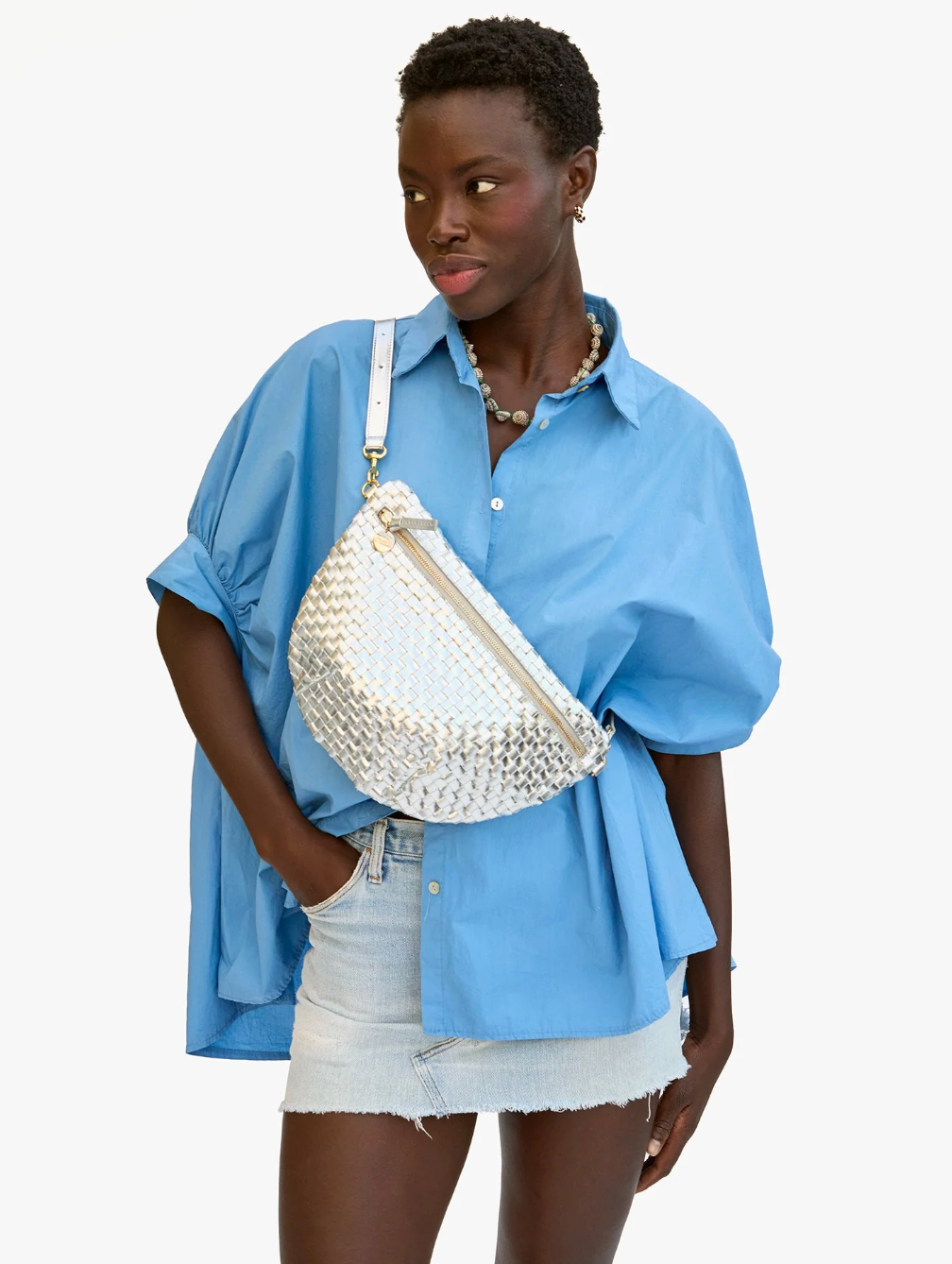 Clare V. Grande Fanny Silver Specchio Woven Checker