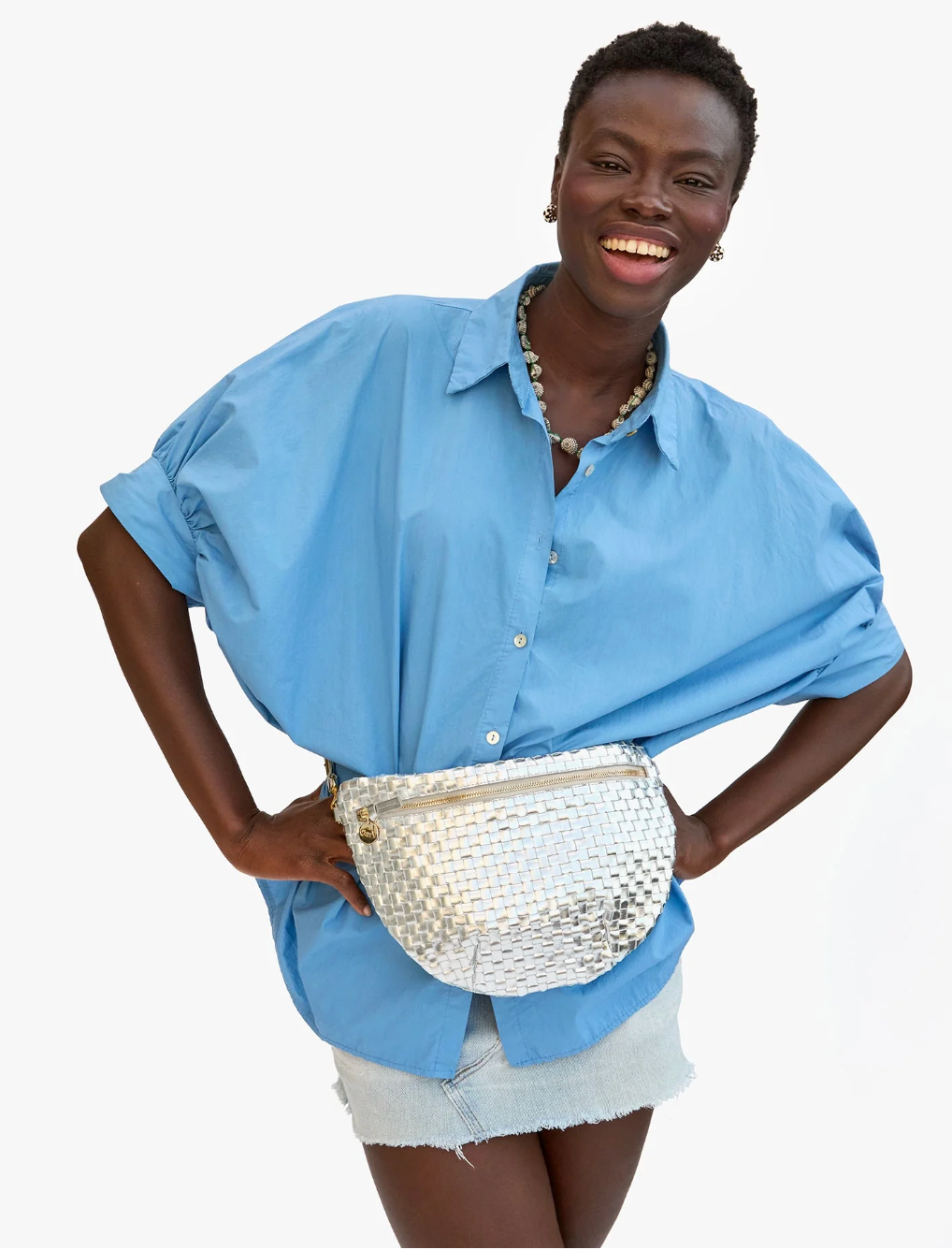 Clare V. Grande Fanny Silver Specchio Woven Checker